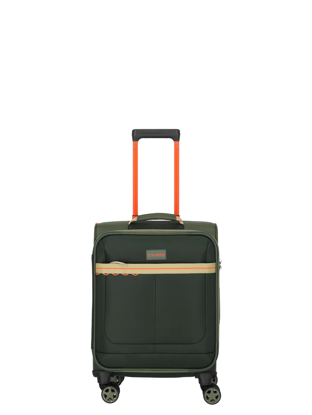 Reisekoffer Travelite, grün mit orangem Teleskopgriff und vier Rollen Grüner Travelite Trolley mit vier Rollen und orangem Ausziehgriff, Frontansicht