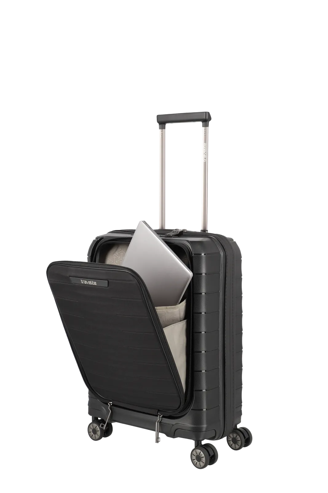 Mooby in Schwarz Groesse S mit Vortasche Schraegansicht mit offener Vortasche