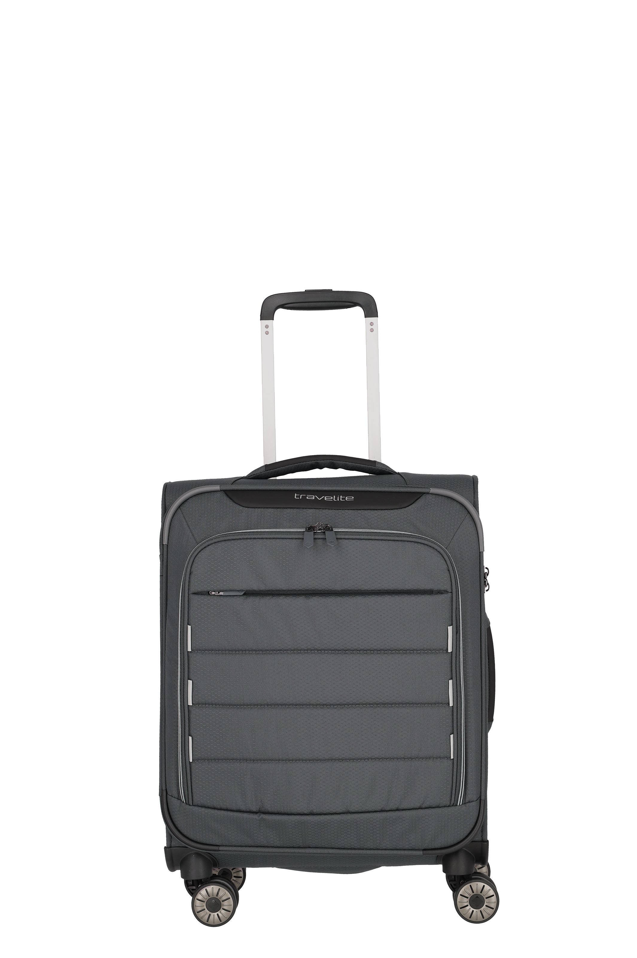 Grauer Travelite Kabinenkoffer mit vier Rollen und Teleskopgriff, ideal als Handgepäck für Kurzreisen