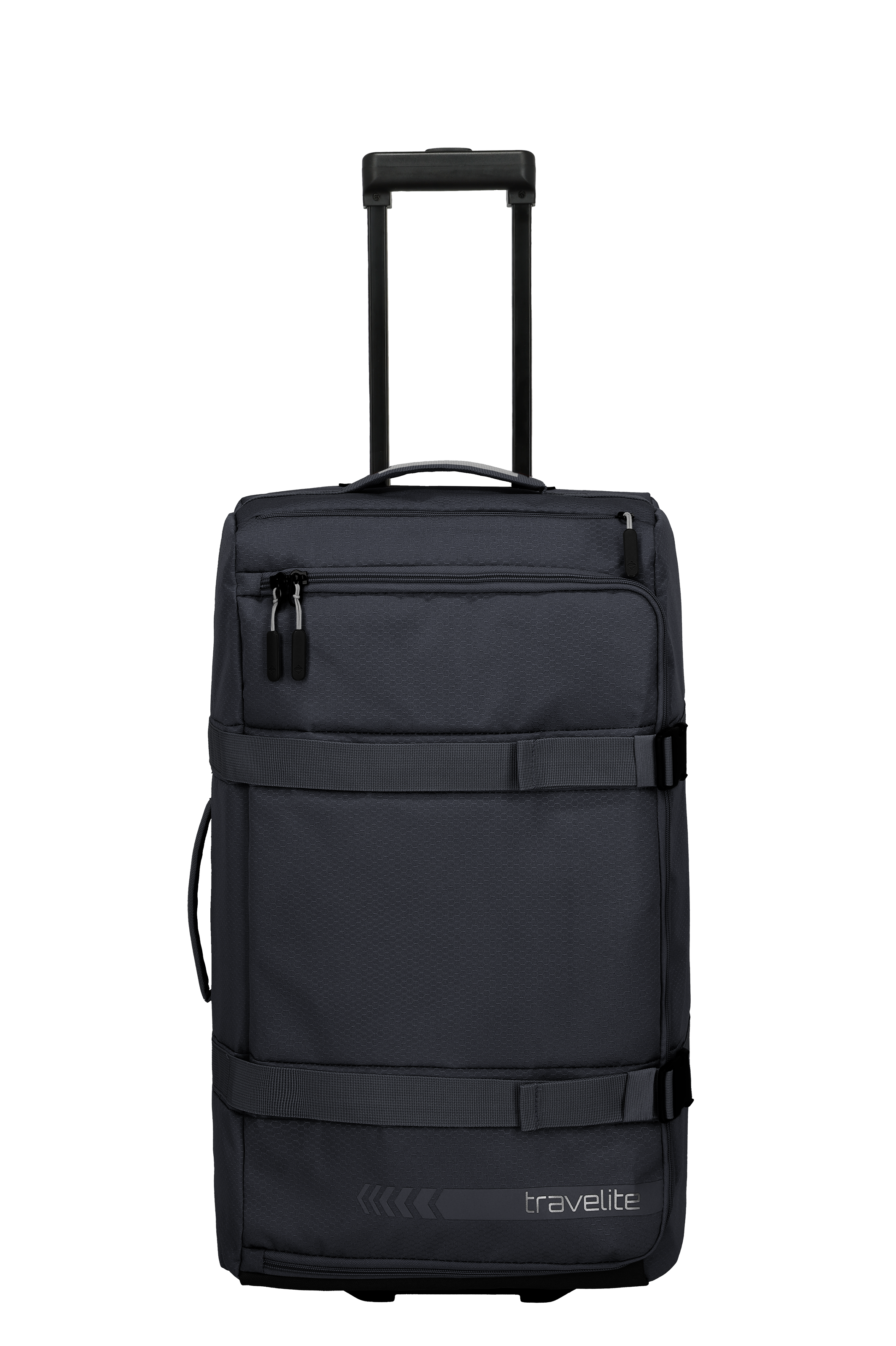 Borsa da viaggio con ruote TRAVELITE grigia (taglia L) con manico estensibile e due cinghie di trasporto, fotografata su sfondo nero. La borsa ha una cerniera nella parte superiore e il logo è visibile in basso a destra.