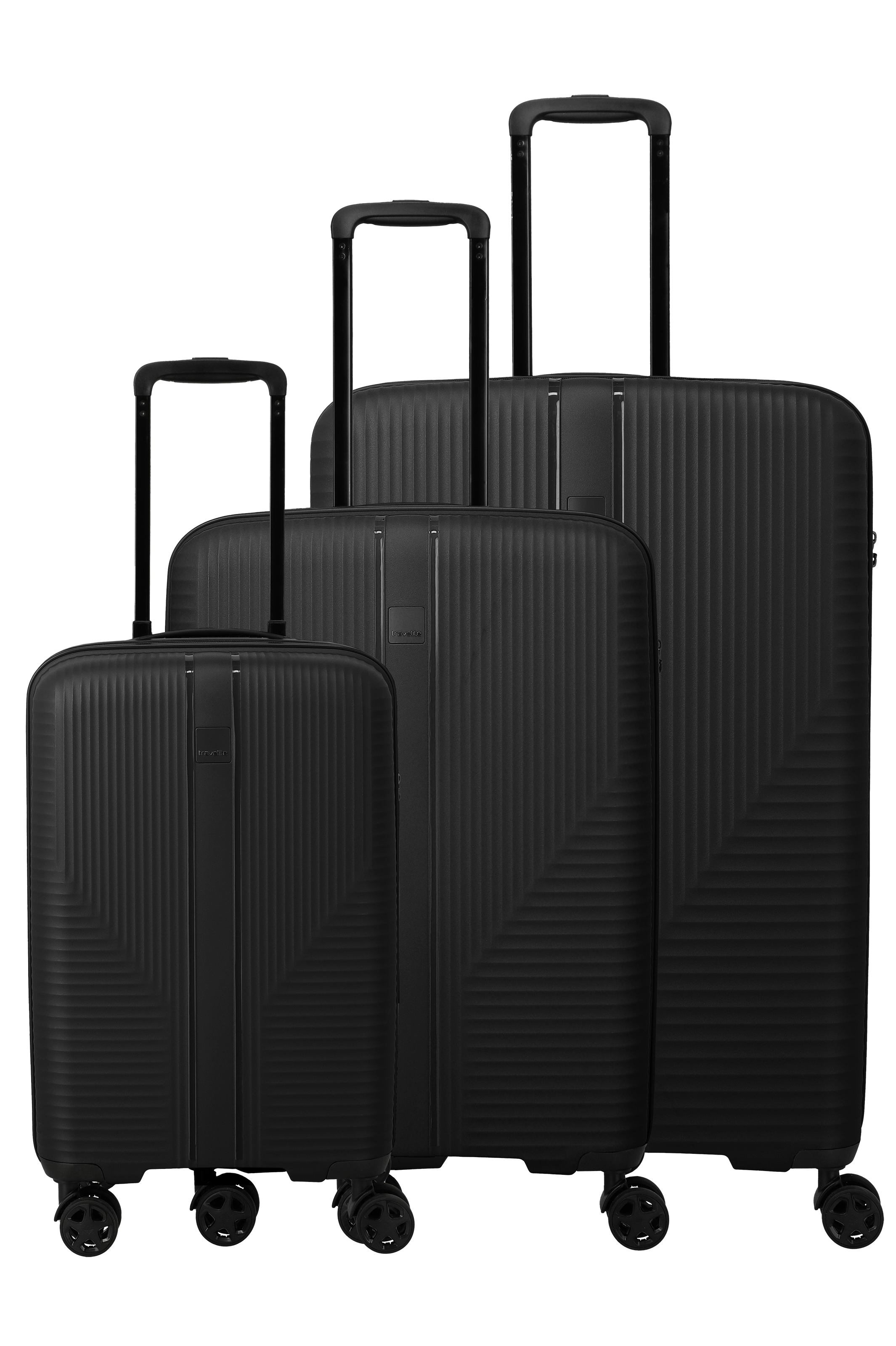 Three black TRAVELITE suitcase set, sizes L, M and S, lined up from small to large. Each suitcase has a telescopic handle and four double castors. The surface is textured with vertical lines.