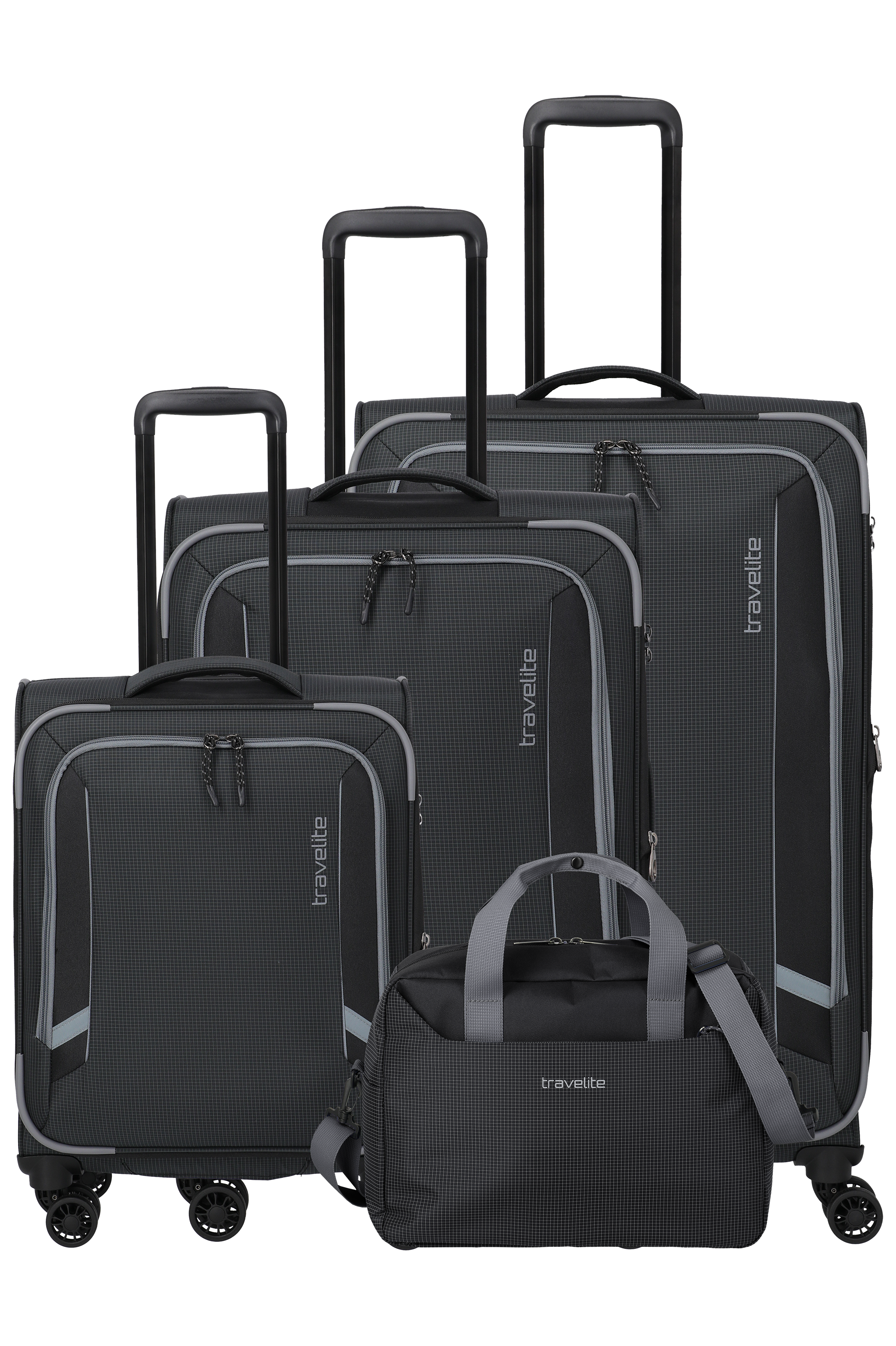 On a black background are four grey suitcases with "travelite" lettering, different sizes, wheels, telescopic handle and a single-coloured travel bag. The latter has two short handles and a long shoulder strap.