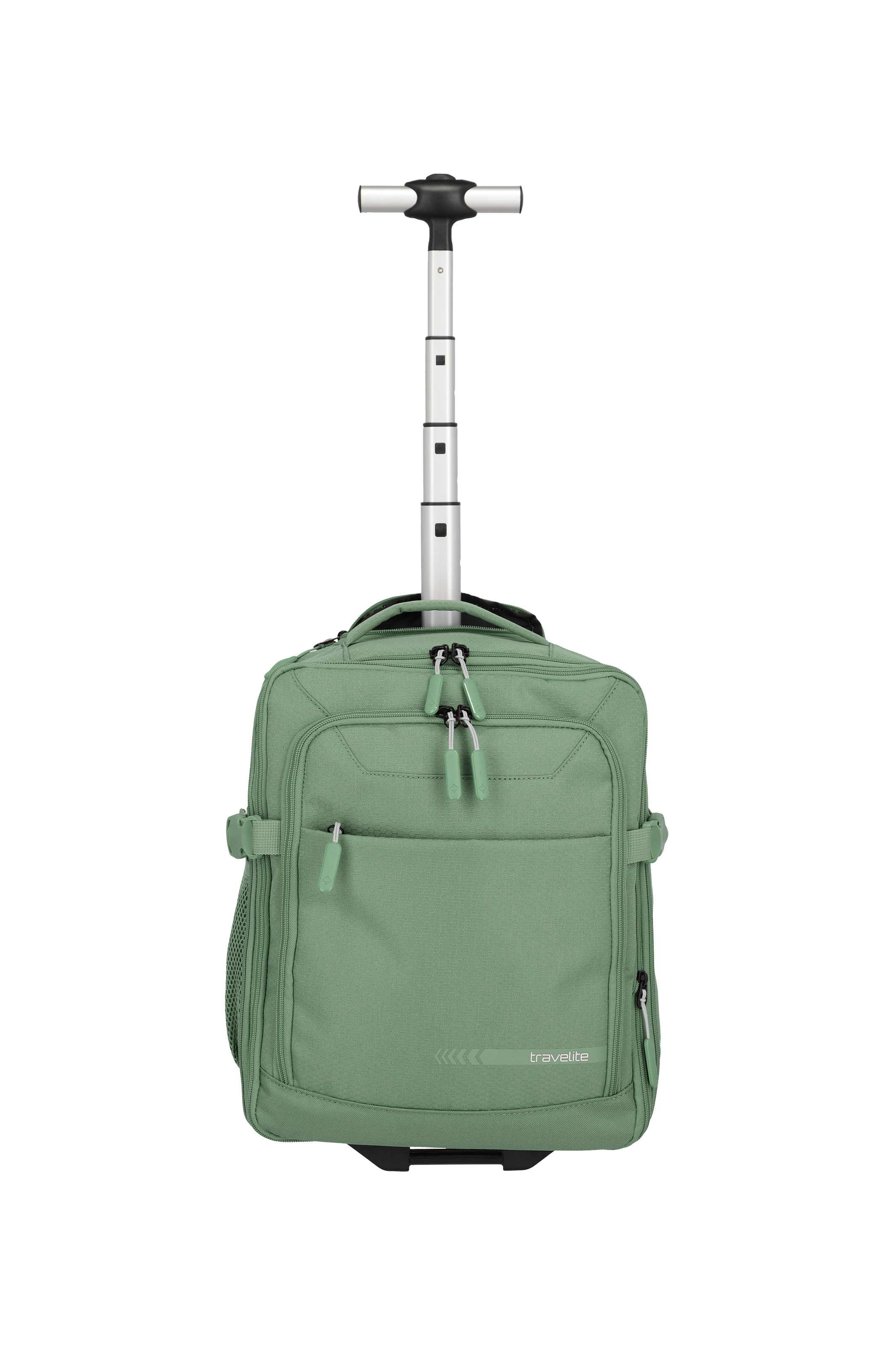 Ein grüner Rollrucksack der Marke Travelite mit ausziehbarem, silbernem Griff steht vor schwarzem Hintergrund. Oben ist ein schwarzes T-Stück. Der Rucksack hat mehrere Fächer, Reißverschlüsse und ein seitliches Netzfach.
