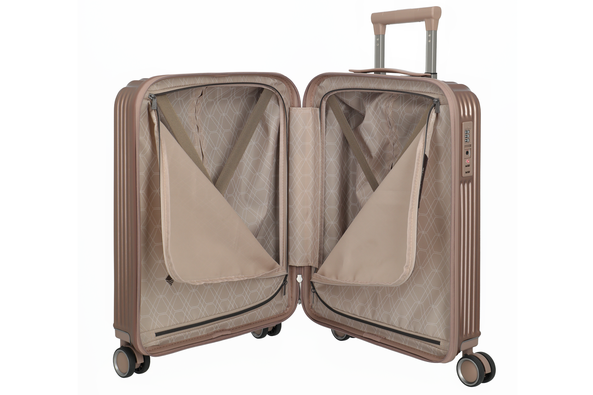 Offener, stabiler Hartschalen-Trolley in Beige mit vier Rollen und Zahlenschloss – Innenansicht mit Gurten und Fächern Hartschalenkoffer in Beige, geöffnet, zeigt geräumiges Innenfach mit Packgurten und Reißverschlussfächern