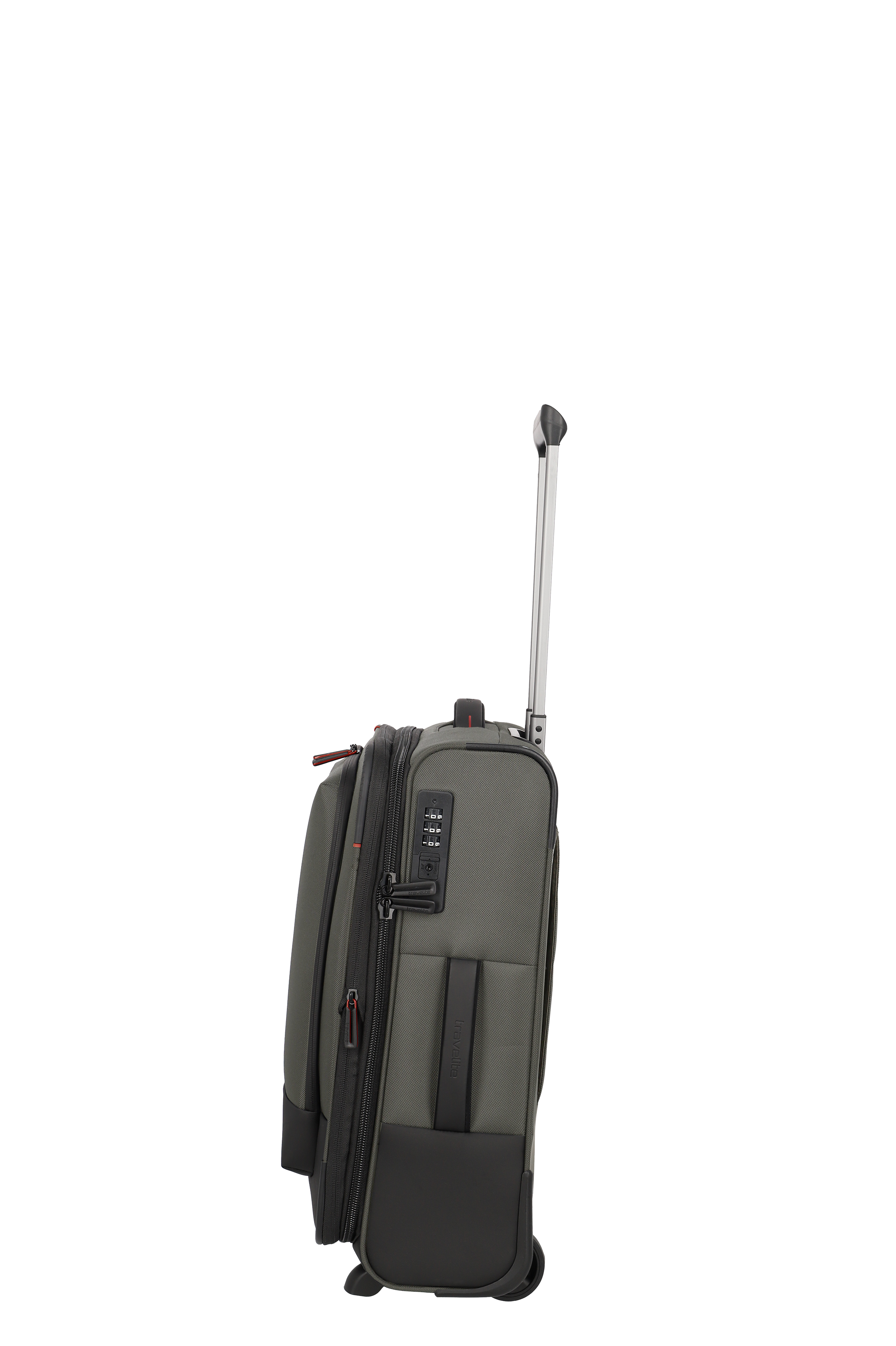 Seitenansicht eines modernen, grauen Trolleys mit ausziehbarem Griff und Zahlenschloss