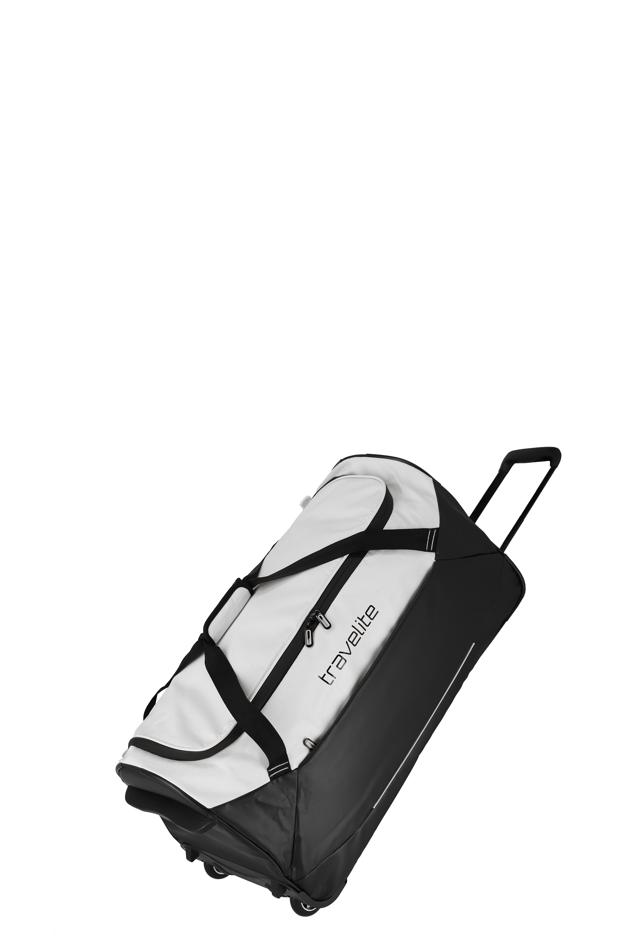 Op de foto zie je een grote, schuine TRAVELITE reistas op wieltjes in wit en zwart. Hij heeft een uitschuifbaar handvat, draaggrepen en wieltjes aan de onderkant voor gemakkelijk transport.
