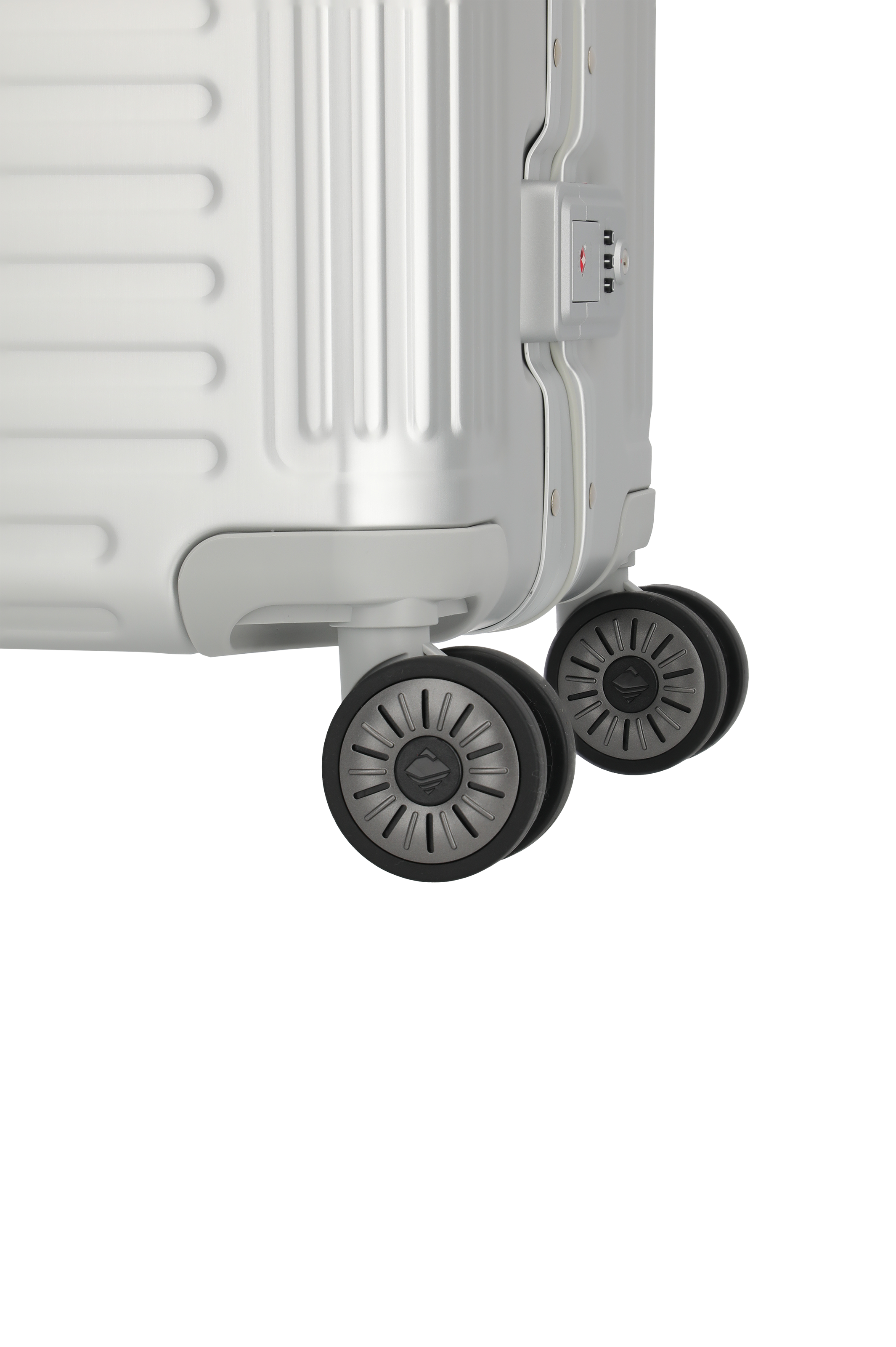 Detailansicht der Rollen und des Schlosses eines modernen silbernen Hartschalenkoffers