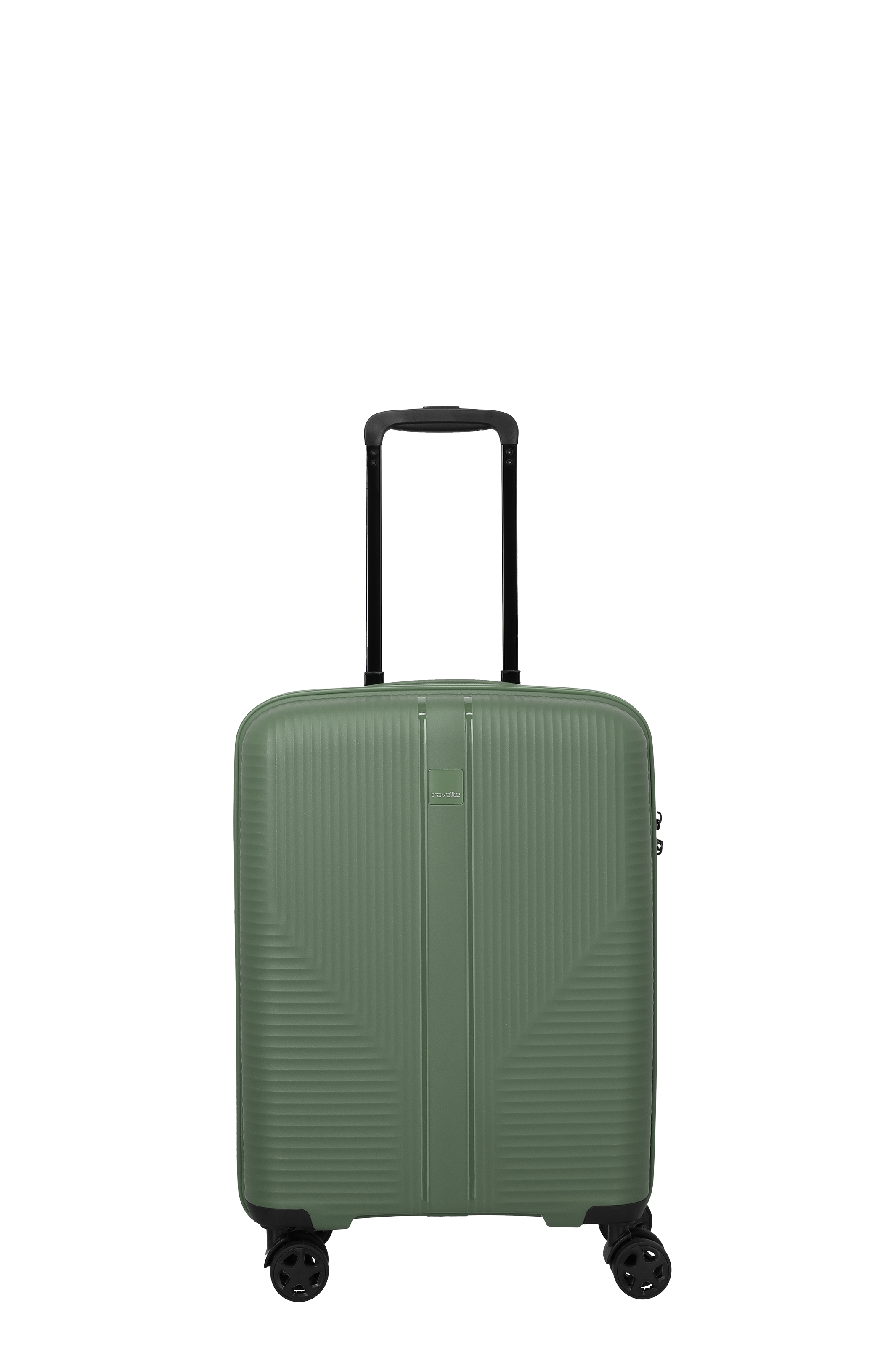 Vue de face d'une valise vert olive de taille moyenne TRAVELITE, qui fait partie d'un set de 3 valises, avec poignée télescopique noire, quatre roulettes noires et un motif géométrique discret sur la face avant.