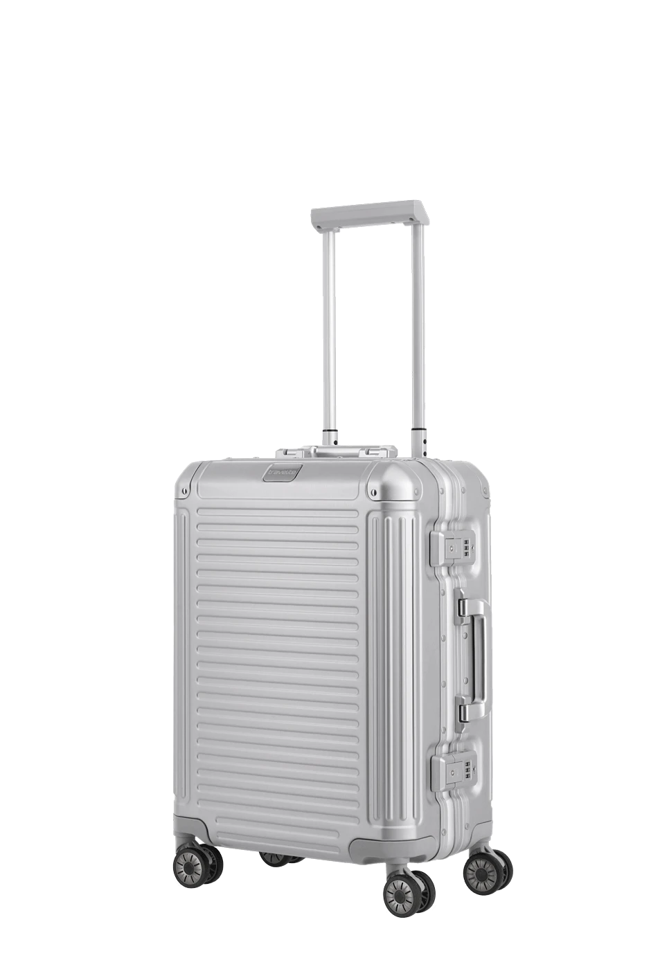 silberner Aluminium Koffer Next von travelite Größe S (55cm) Schrägansicht