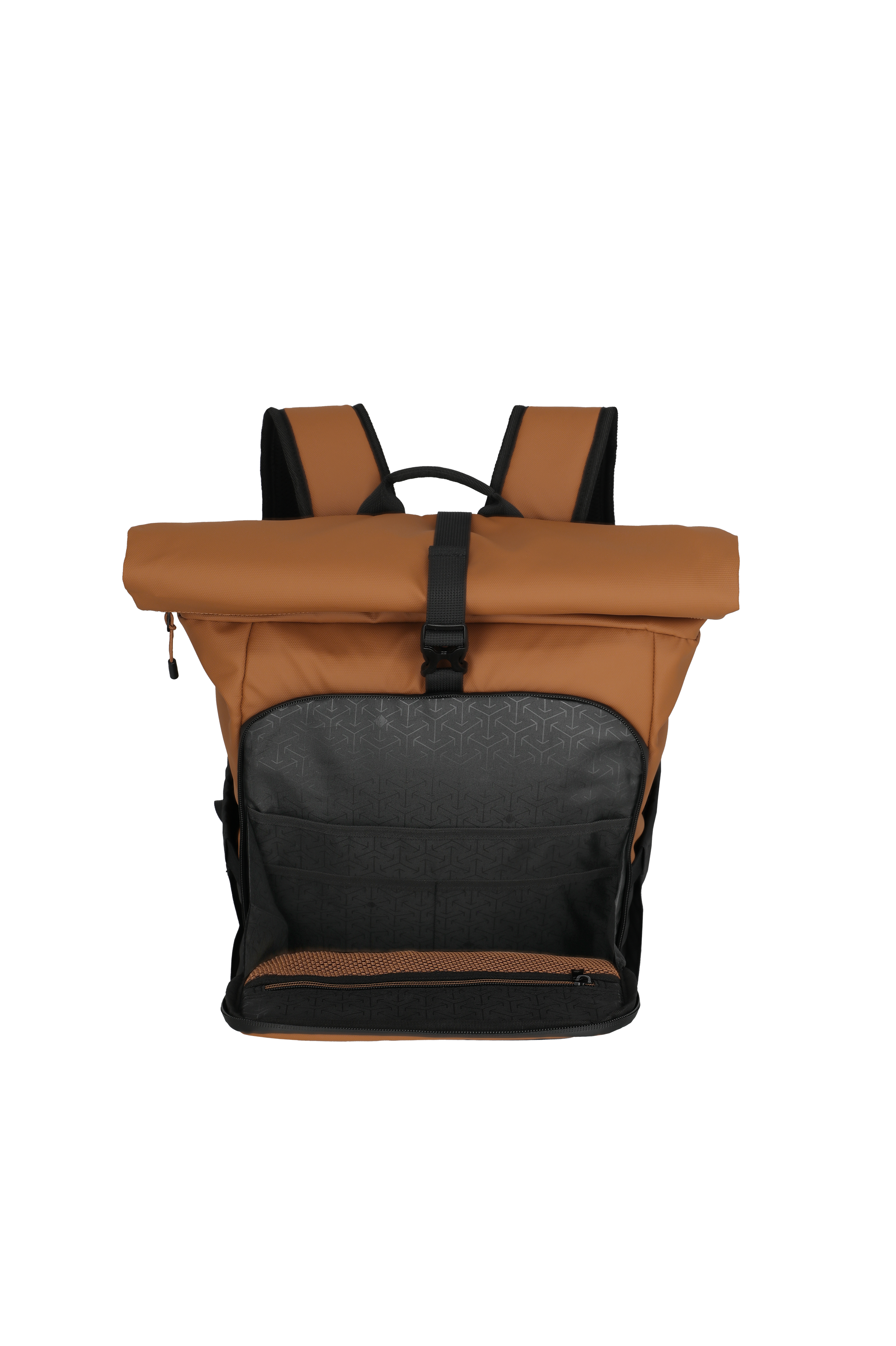 Moderner Rolltop-Rucksack in Braun mit großer Fronttasche und gepolsterten Schultergurten