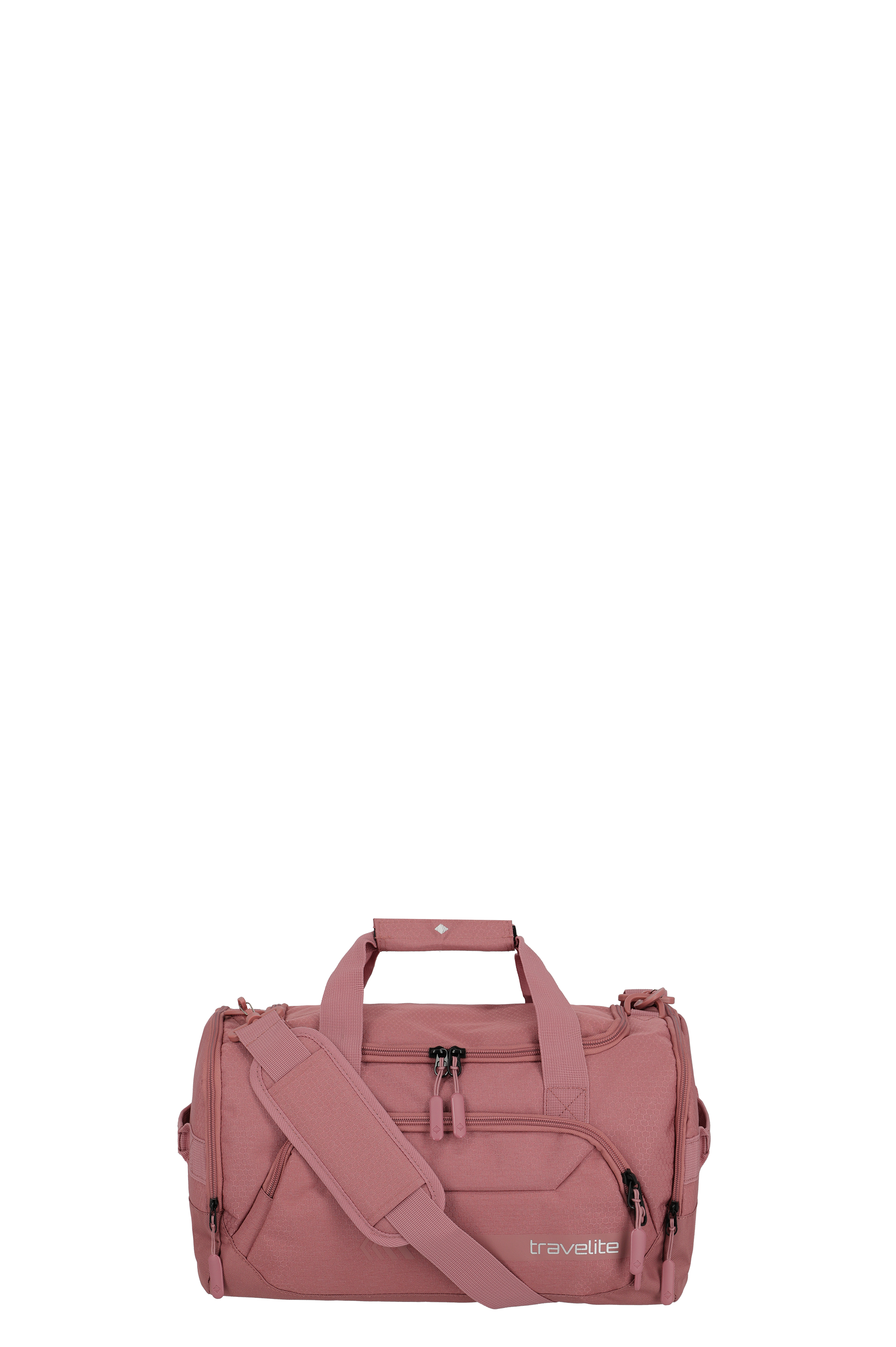 Borsa da viaggio rosa del marchio TRAVELITE. La borsa è dotata di manici corti e di una tracolla regolabile. Il logo TRAVELITE e una piccola tasca con zip sono visibili sul davanti. La cerniera principale è dotata di due zip.