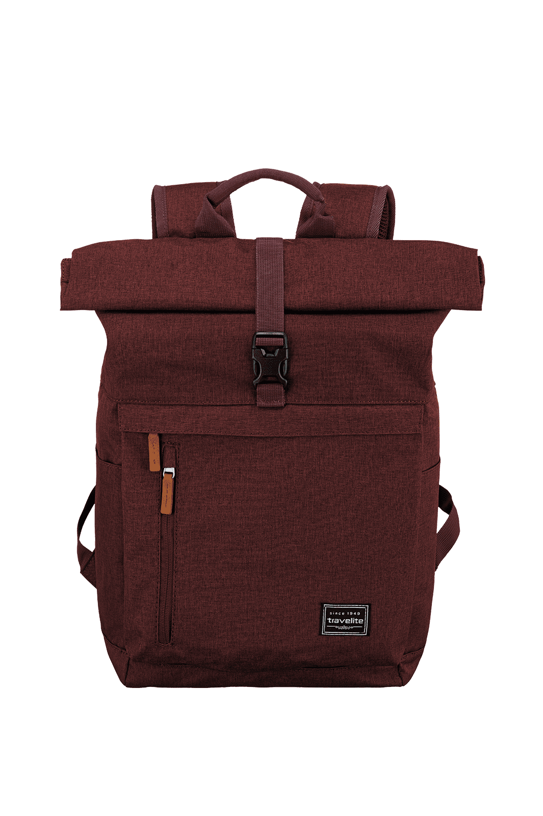 Moderner Rolltop-Rucksack in Bordeauxrot Bordeauxroter Rolltop-Rucksack mit verstellbaren Riemen und Fronttasche
