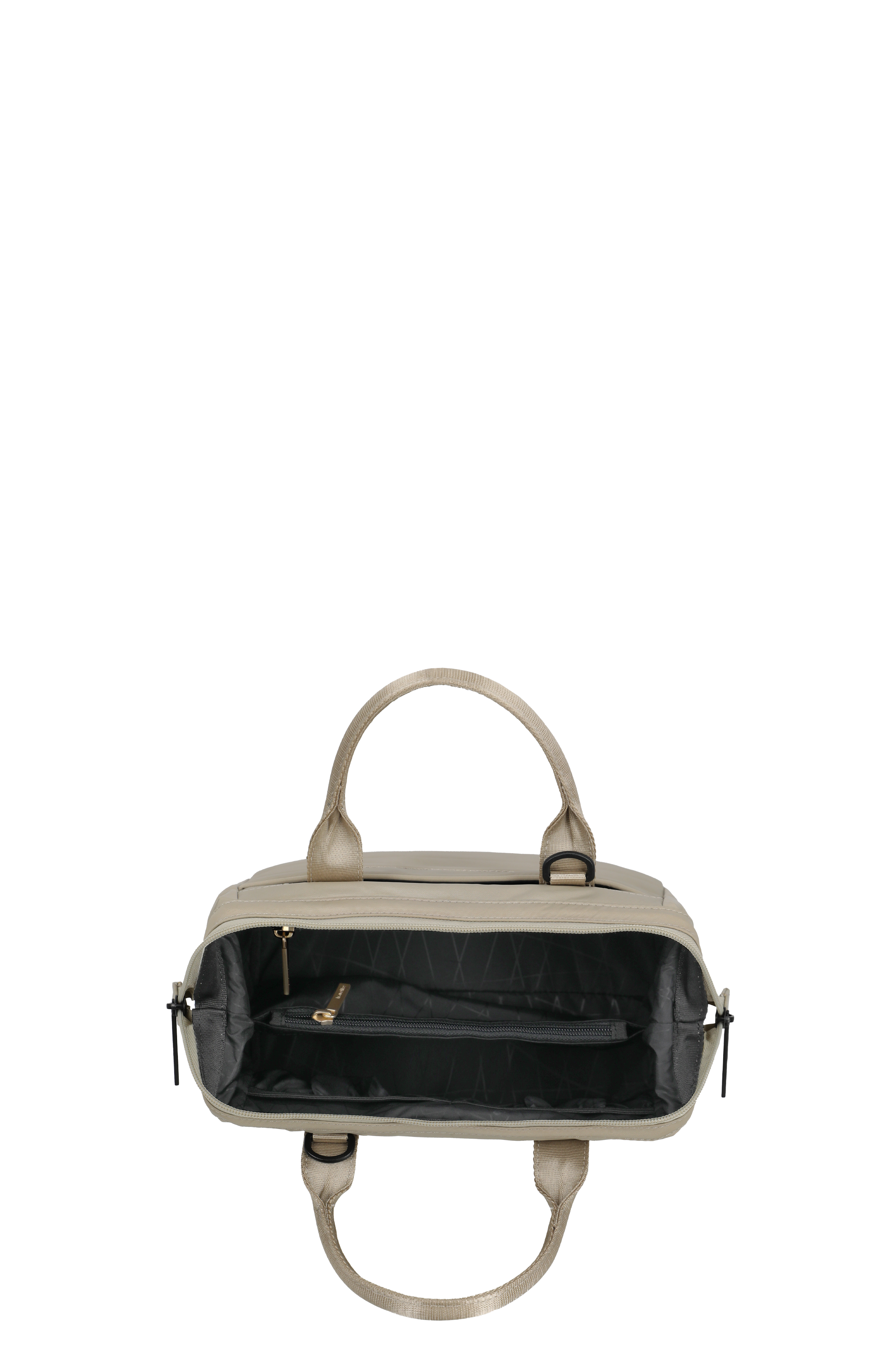 Innenansicht einer beigen Handtasche mit Reißverschlussfach