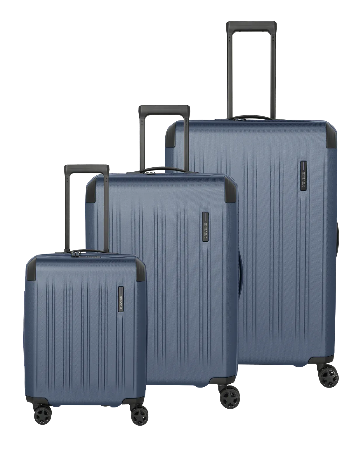 Koffer-Set in Blau, 3-teilig mit leichtläufigen Rollen und Teleskopgriffen für komfortables Reisen Dreiteiliges Kofferset in Blau mit Teleskopgriffen und Rollen, ideal für jede Reise