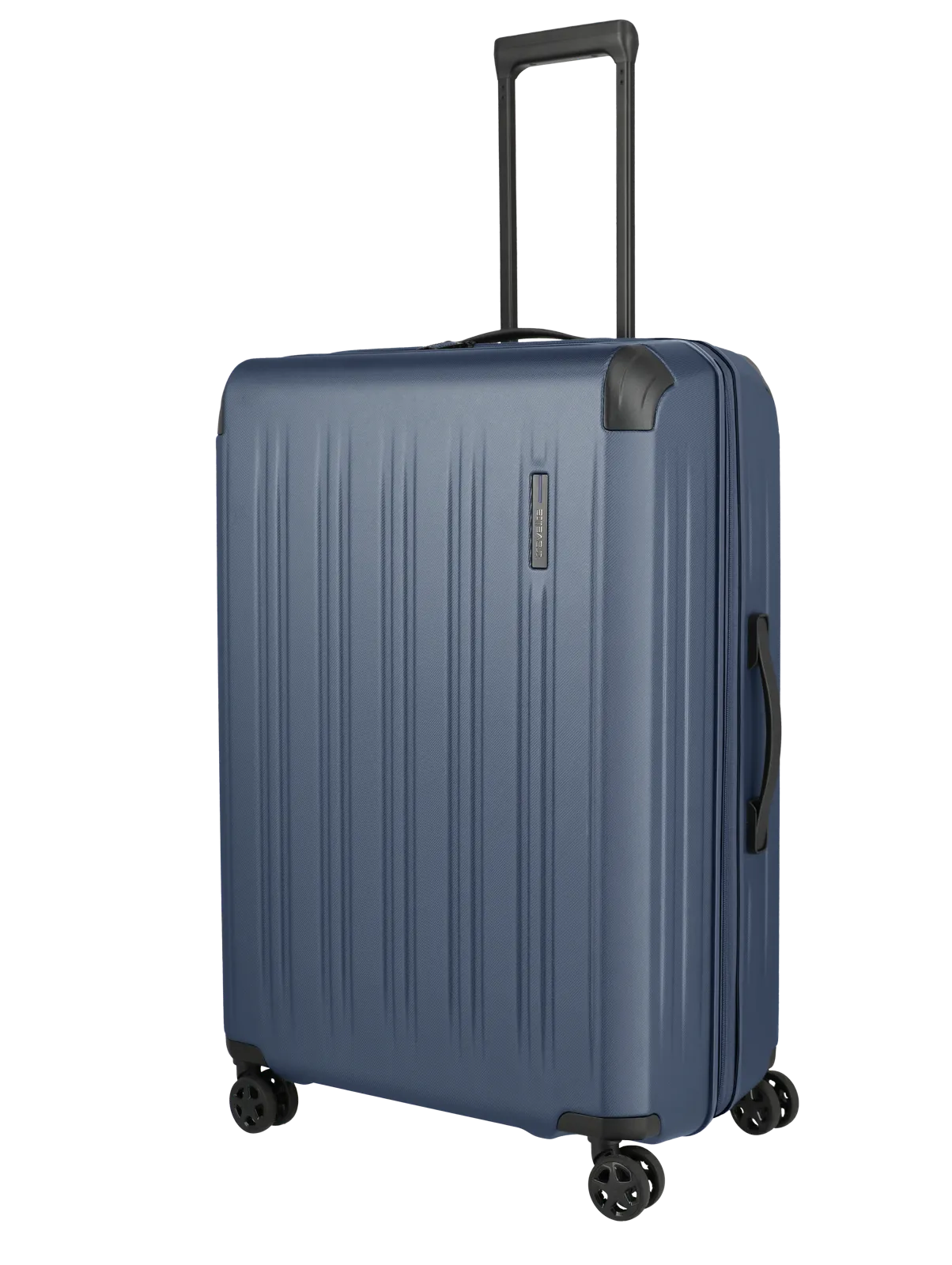 Großer blauer Hartschalen-Trolley Koffer mit vier Rollen und Teleskopgriff