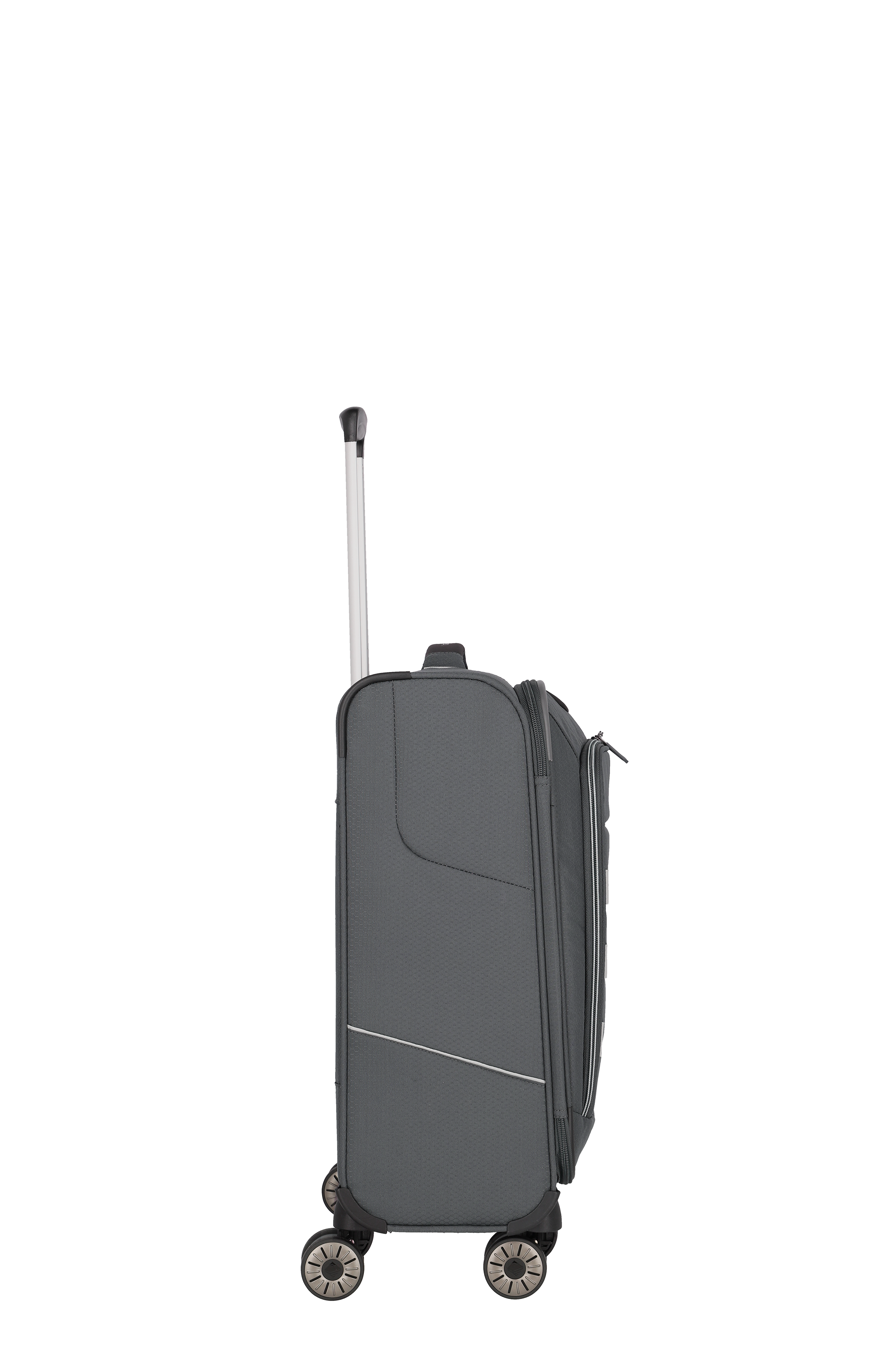 Grauer Trolley-Koffer mit vier Rollen, seitliche Ansicht, ausziehbarer Teleskopgriff, modernes Design