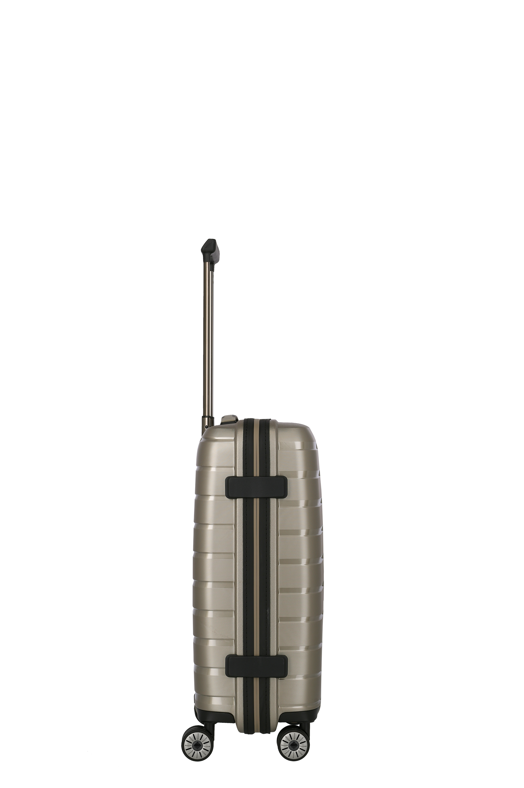 Stabiler Trolley-Koffer in Silber mit schwarzem Reißverschluss und vier Rollen – ideal für Reisen