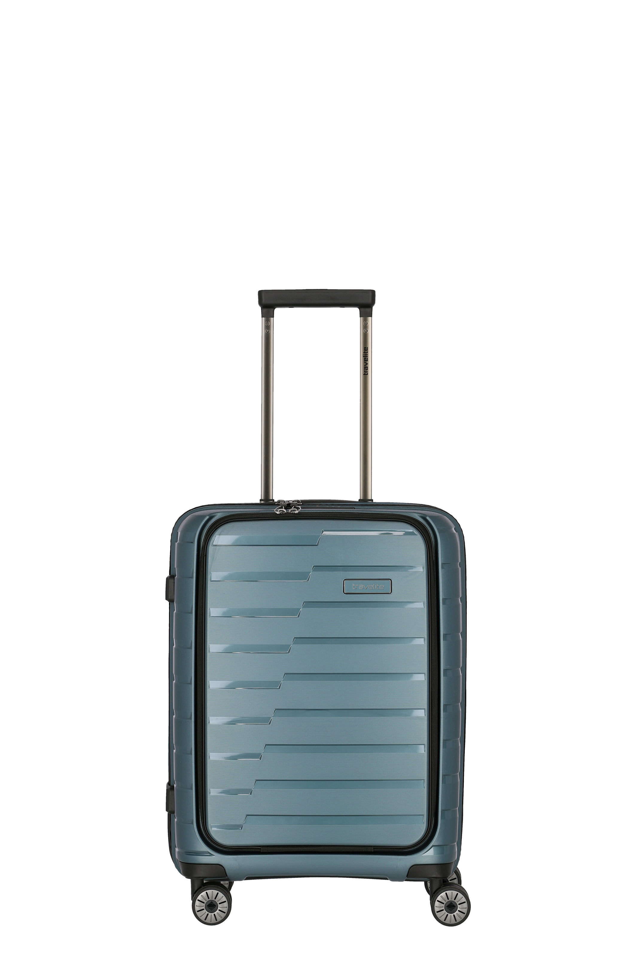Handgepäck-Koffer aus Hartschale in Blau mit vier Rollen und Teleskopgriff Moderner blauer Handgepäck-Trolley aus Hartschale mit vier Rollen und Teleskopgriff, ideal für Reisen