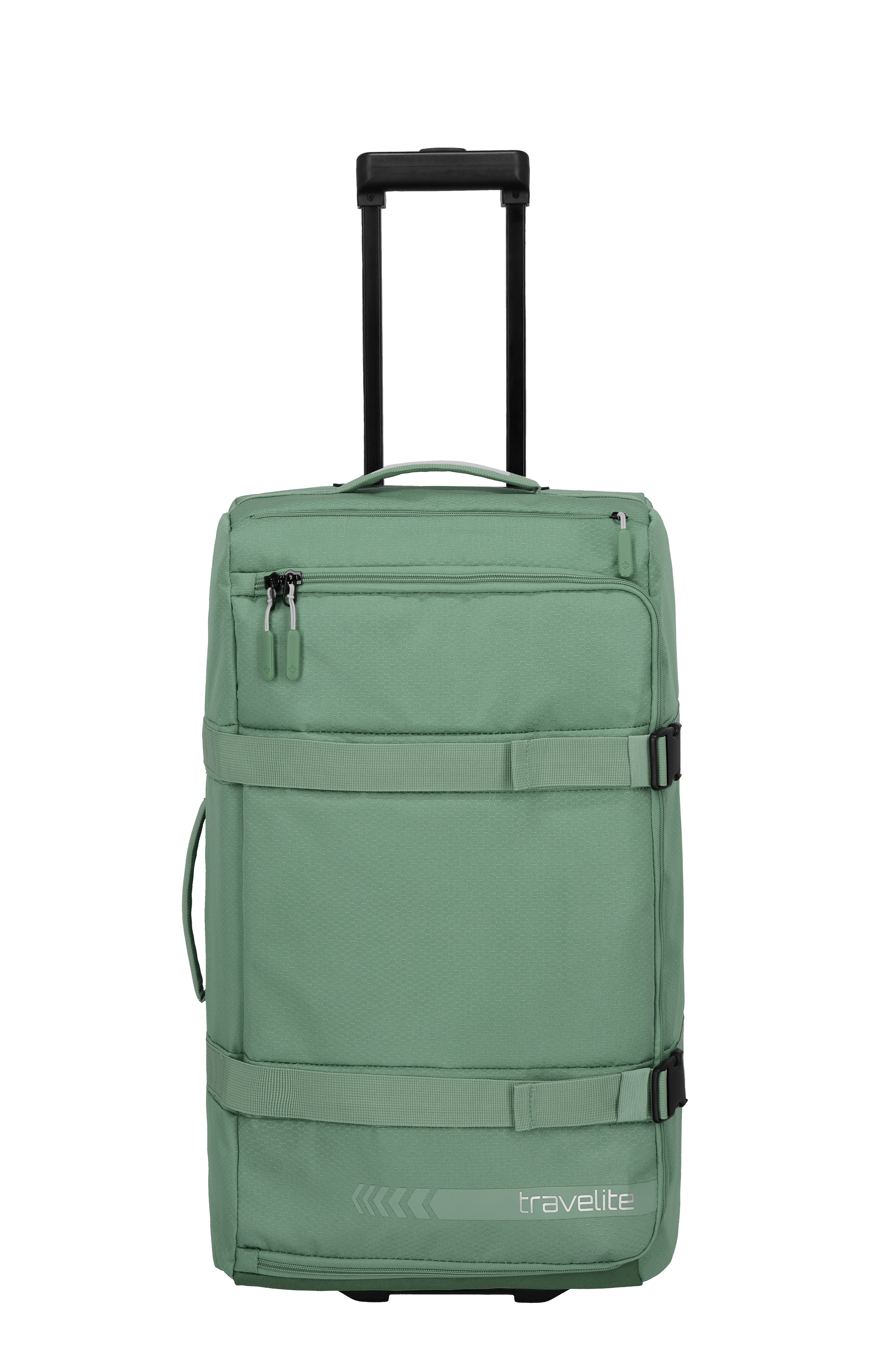 Grüne TRAVELITE Rollenreisetasche, Hauptfach mit horizontalen Gurten und schwarzen Schnallen gesichert. Einziehbare Griffstange und kleine Reißverschlusstasche oben. Unten befindet sich das TRAVELITE Logo.