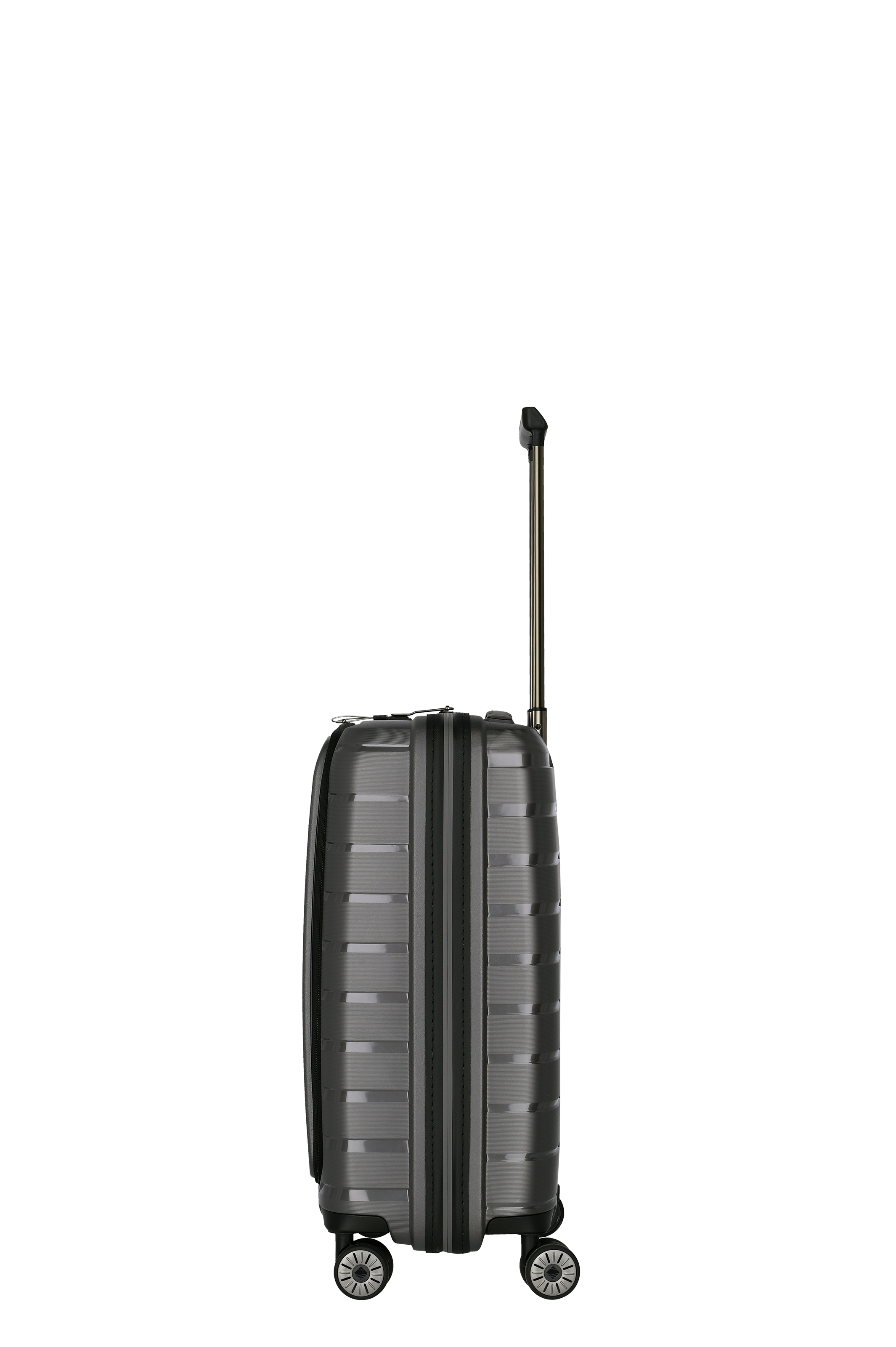 Robuster Hartschalenkoffer in Grau mit Teleskopgriff und vier Rollen – Seitenansicht