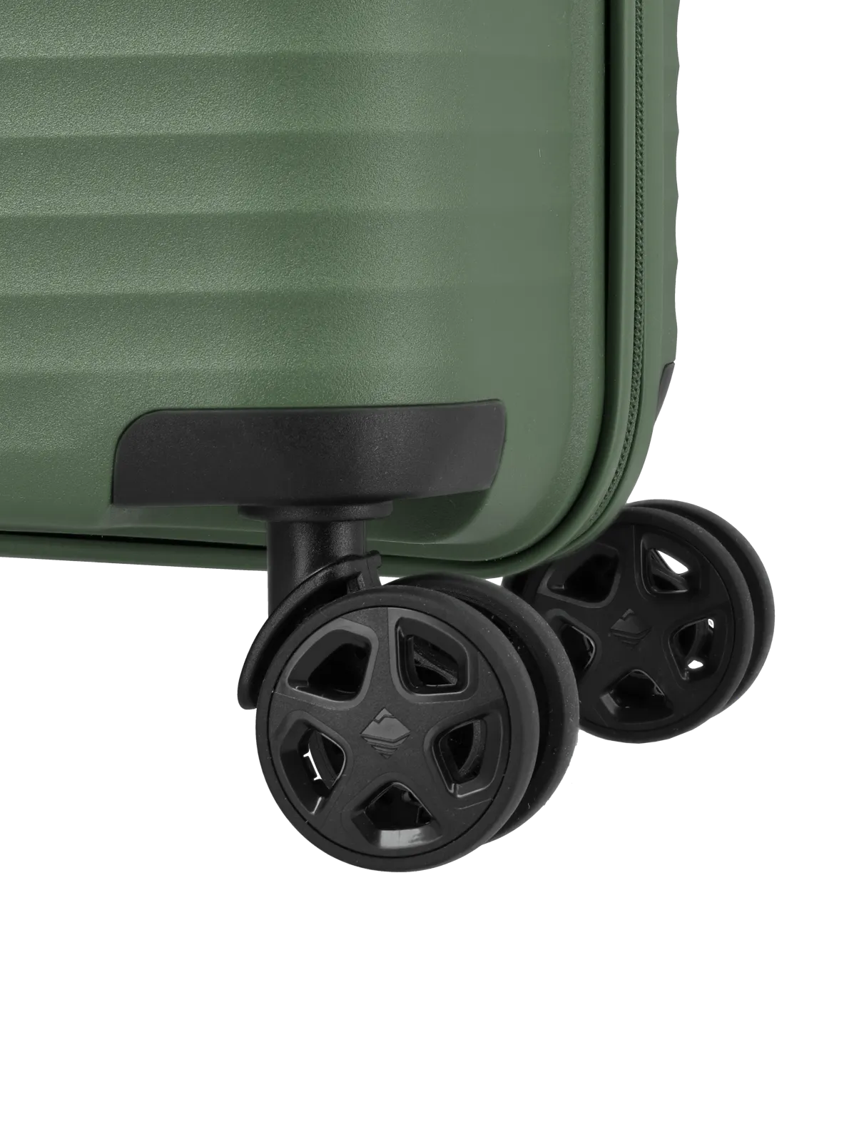 Detailansicht Doppelrollen eines grünen Koffers