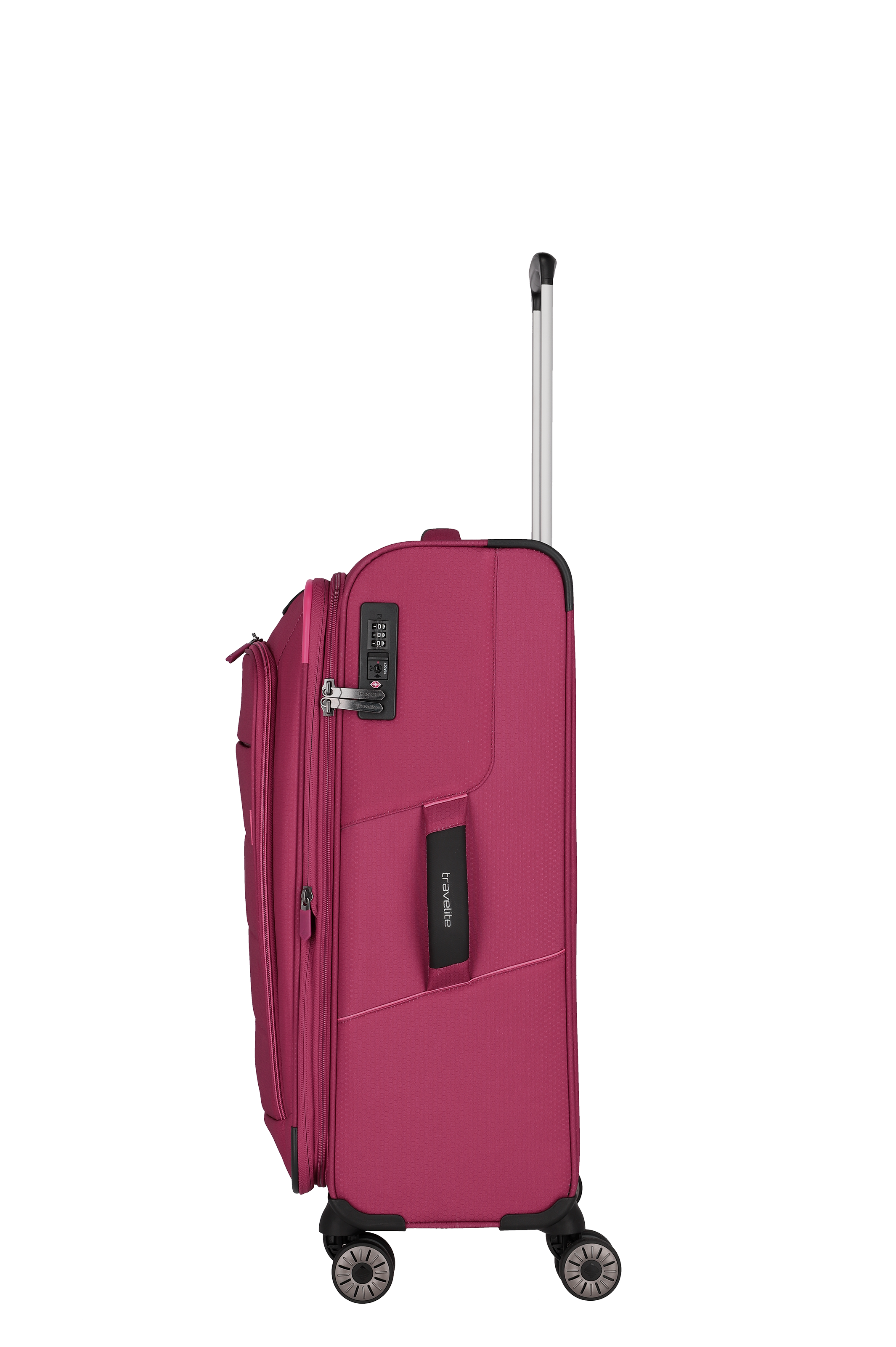 Trolley Koffer in Pink mit TSA-Schloss und vier Rollen – seitliche Ansicht