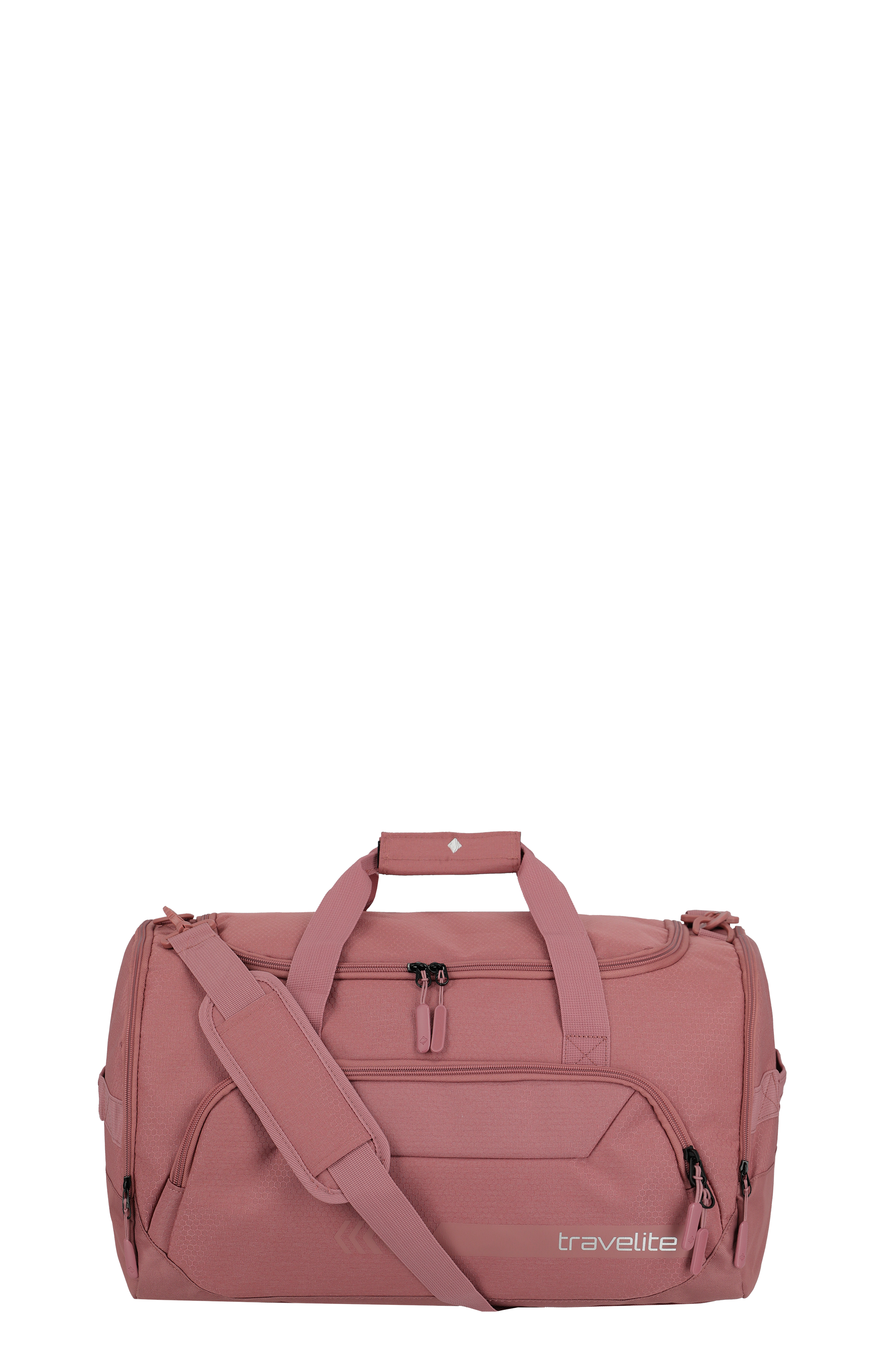 Close-up of the TRAVELITE leisure bag M in rosé. The bag has carrying handles and a shoulder strap. Details such as zips and the brand logo are visible. The material looks robust.