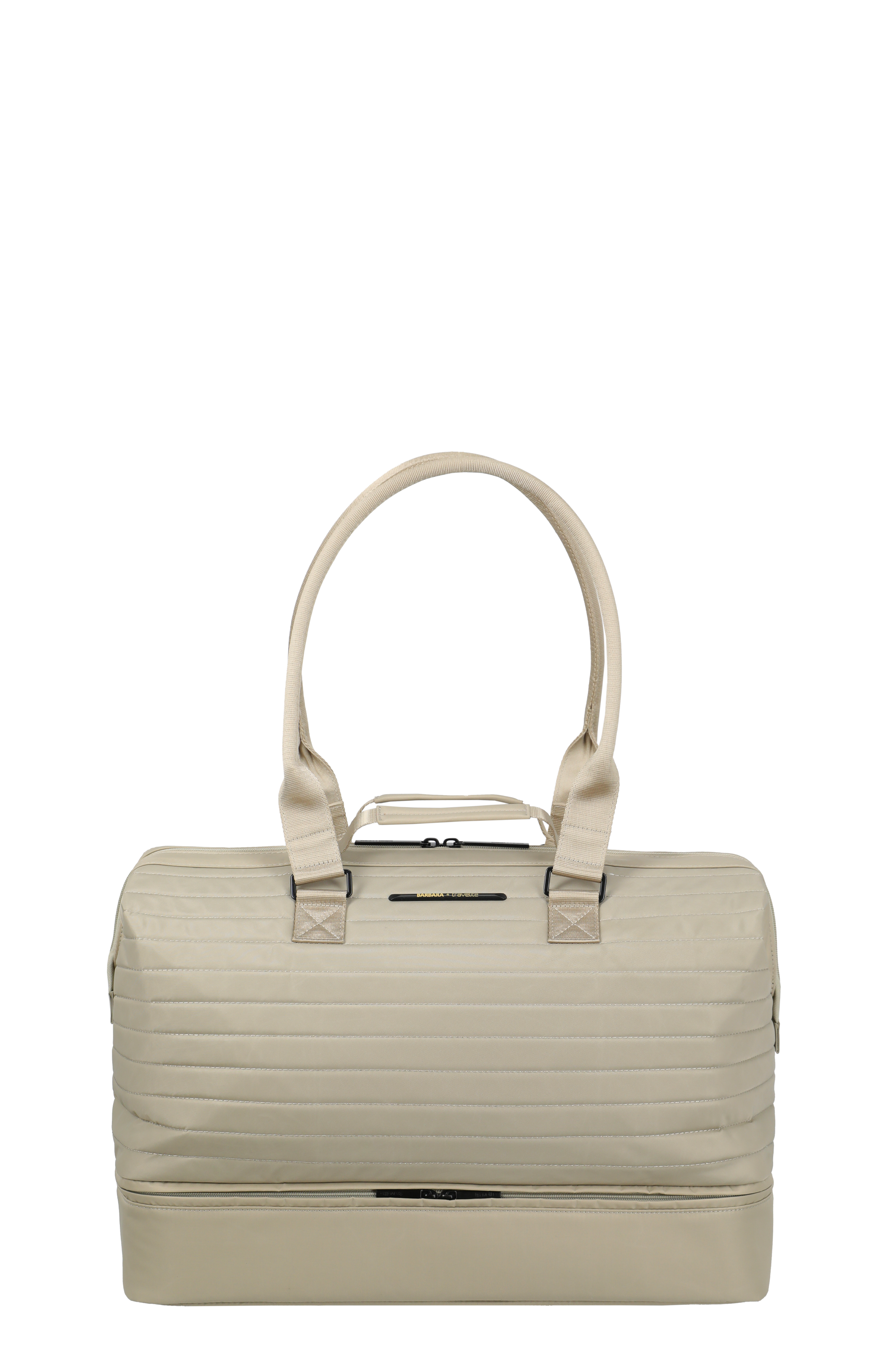 Beige Weekender-Tasche aus Stoff mit Tragegriffen und Reißverschluss, ideal für Reisen oder Sport Beige Stoff-Reisetasche mit zwei Henkeln, Reißverschluss und unterem Zusatzfach, perfekt als Weekender oder Sporttasche