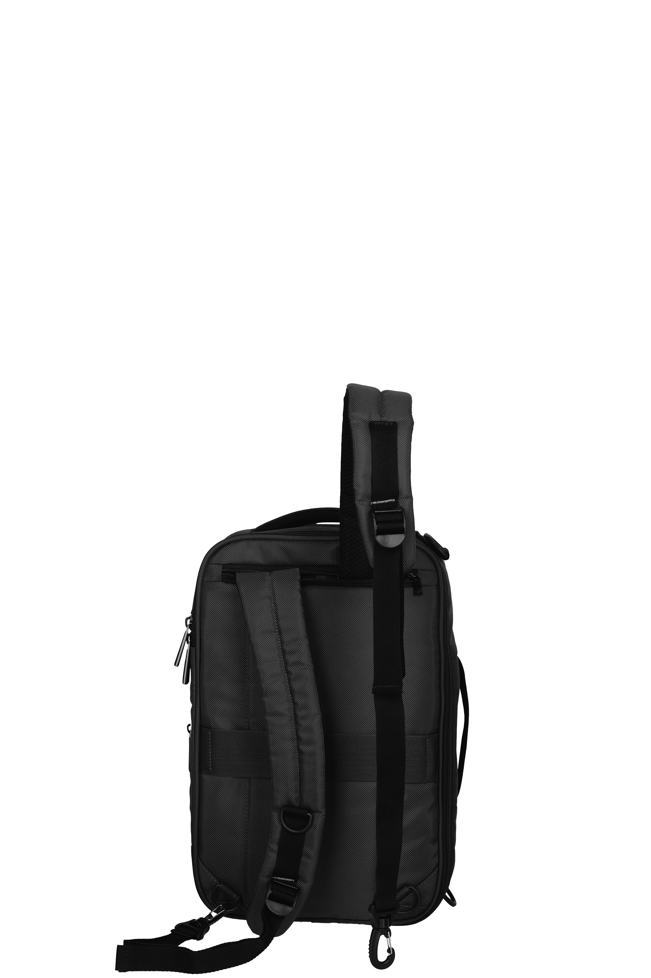 Schwarzer Rucksack mit Tragegurt und Reißverschlusstasche, Rückansicht