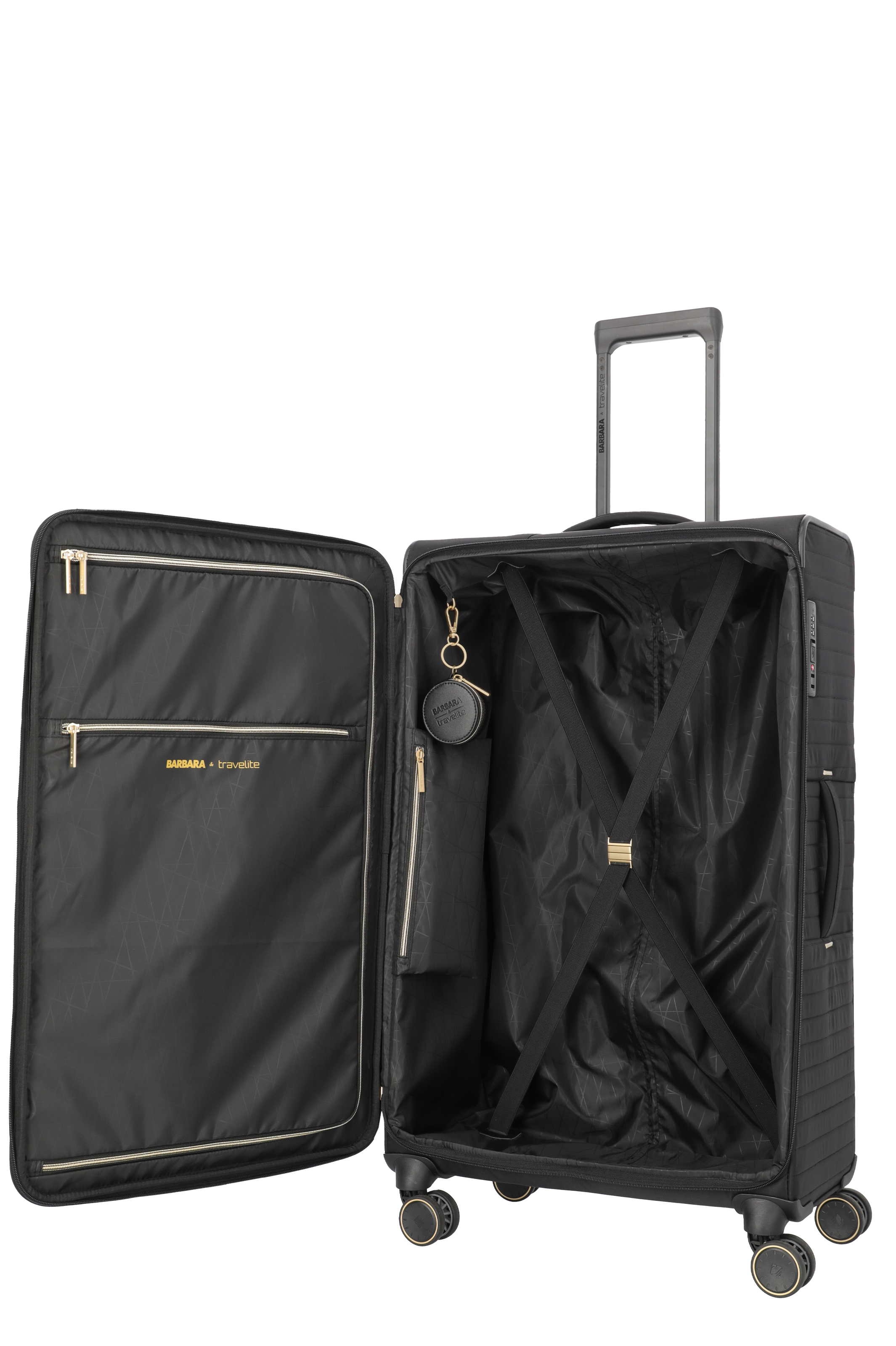 Schwarzer Hartschalenkoffer mit geöffnetem Innenraum, Reißverschlussfächern und Kofferanhänger, ideal für Reisen