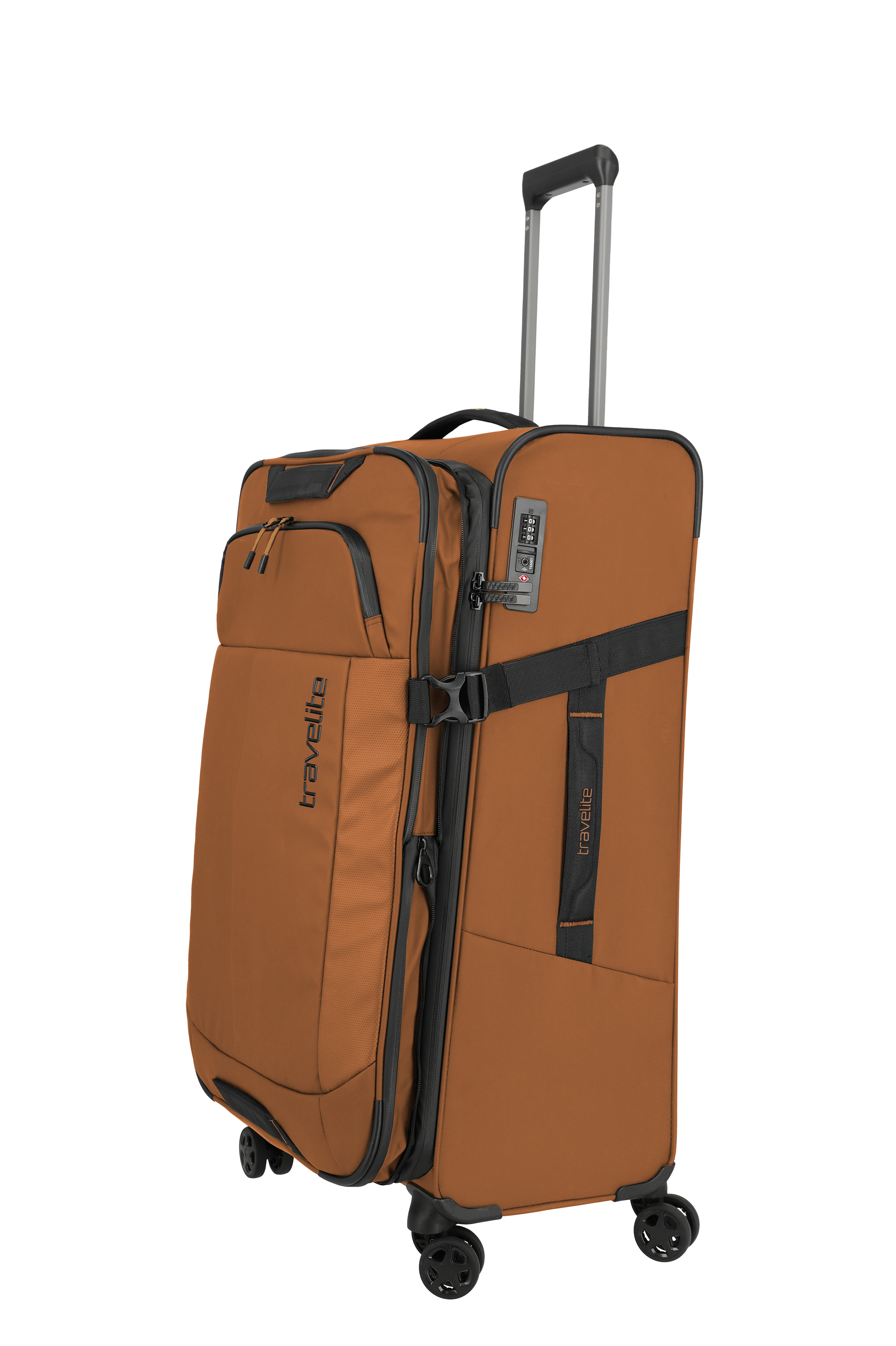 Großer brauner Softcase-Trolley mit vier Rollen und TSA-Schloss von travelite