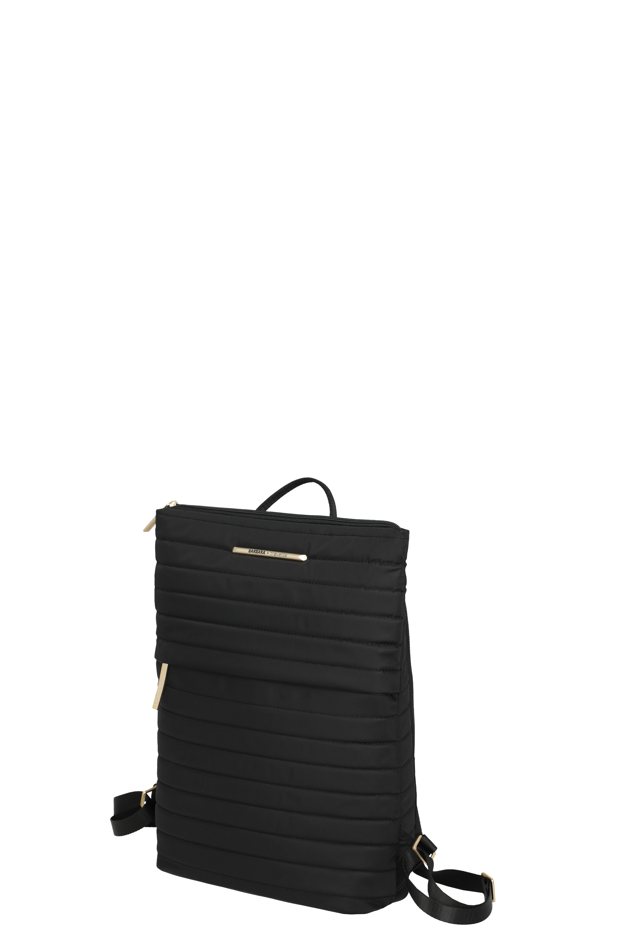 Schwarzer, gesteppten Damenrucksack mit goldfarbenen Details – moderner, eleganter City-Rucksack aus Stoff