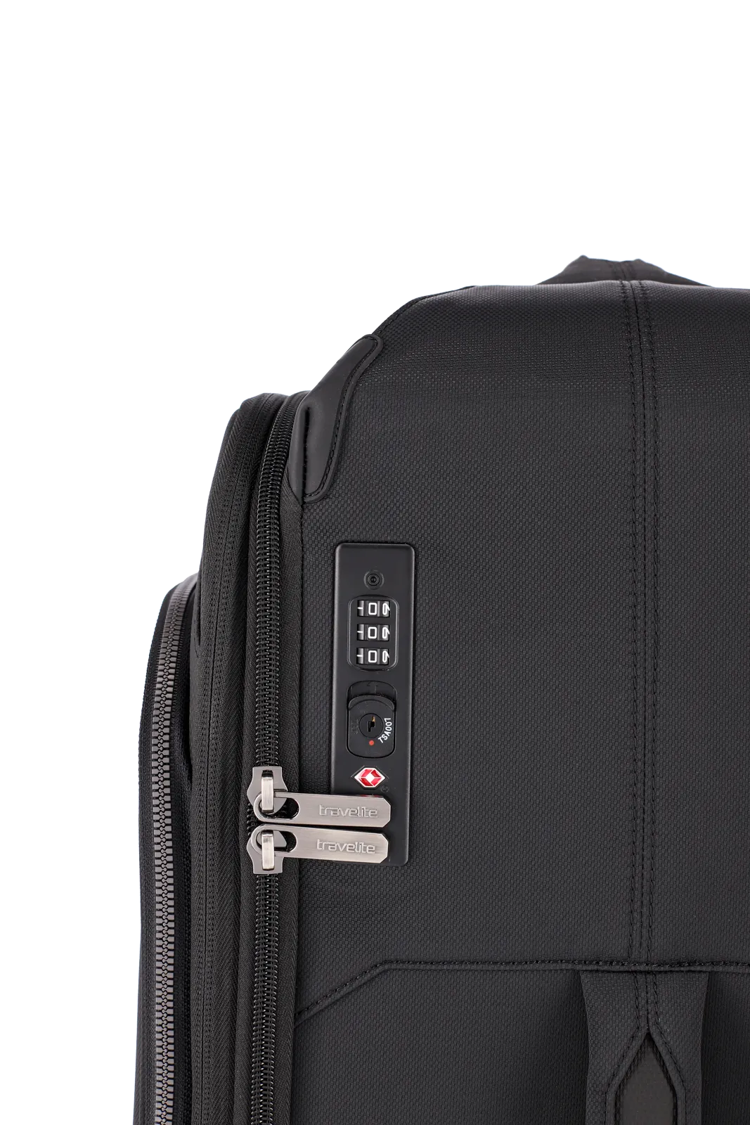 Nahaufnahme TSA-Kombinationsschloss Priima Trolley in schwarz travelite Weichgepäck Koffer Priima in schwarz von travelite Nahaufnahme TSA-Kombinationsschloss