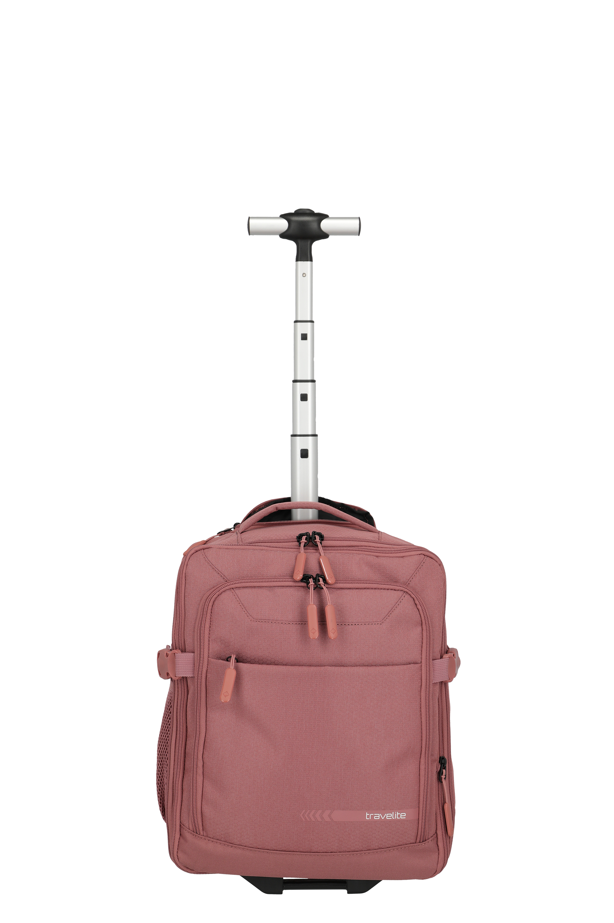 A pink-coloured trolley backpack stands against a black background. The backpack has a square shape with several zip pockets and carrying handles. The telescopic handle can be pulled out and has a T-shaped handle. Castors are attached at the bottom.