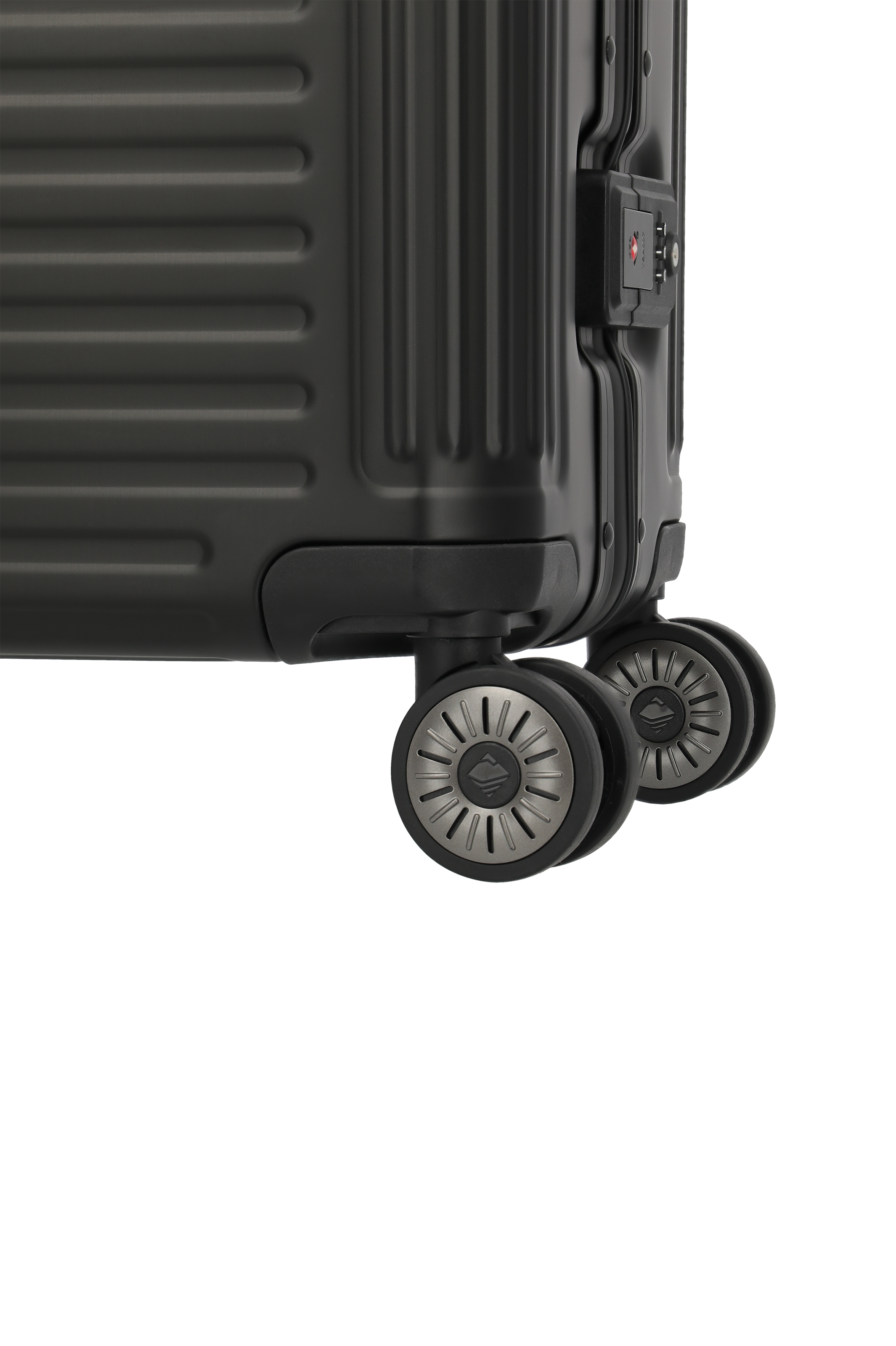 Detailansicht der doppelten Rollen eines schwarzen Hartschalenkoffers