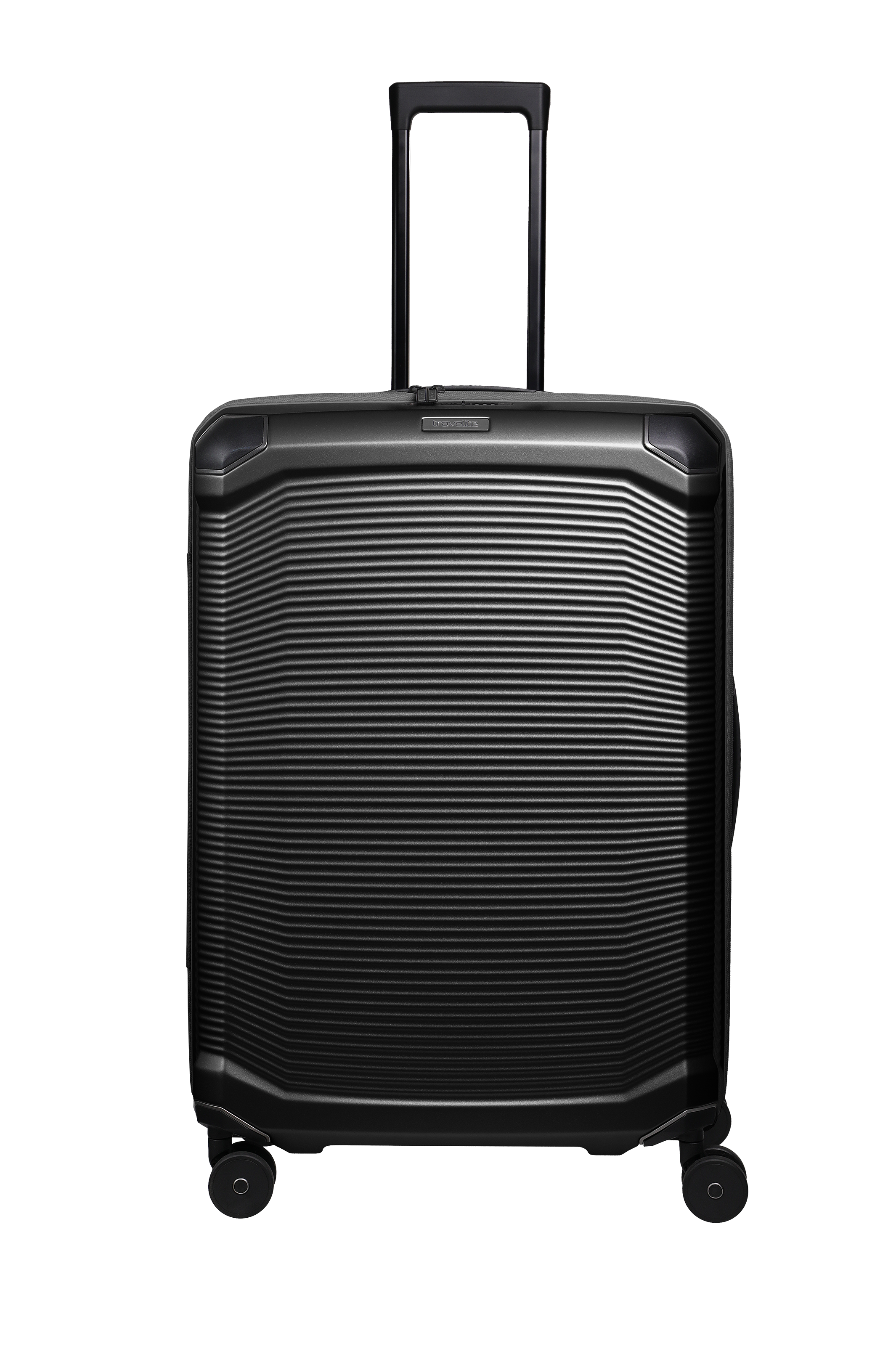 Gris oscuro TRAVELITE Trolley L con asa telescópica y ruedas sobre fondo negro. La superficie de la maleta presenta líneas horizontales estriadas y esquinas redondeadas.