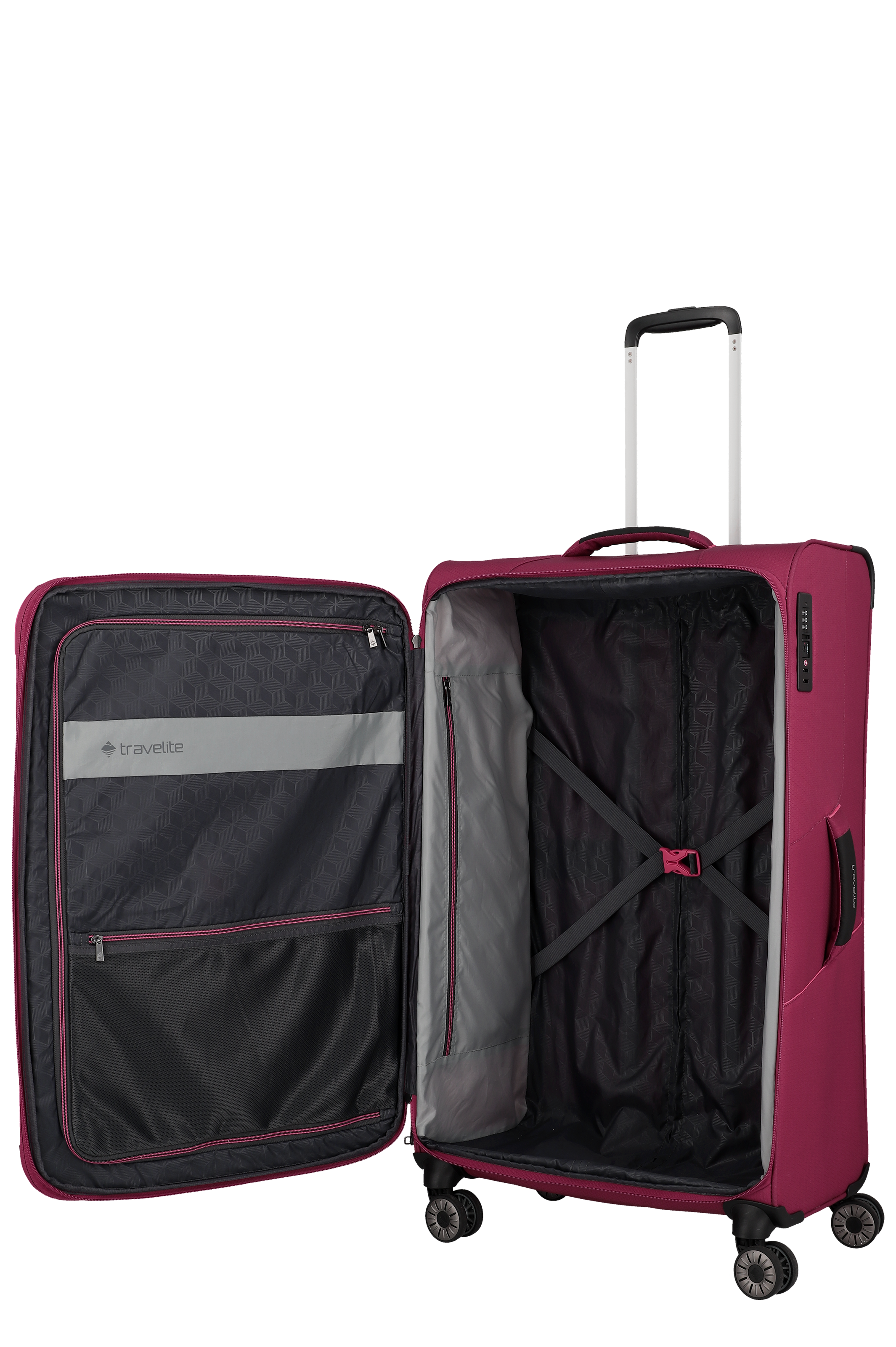 Großer, geöffneter Reisekoffer in Pink mit Teleskopgriff und viel Stauraum