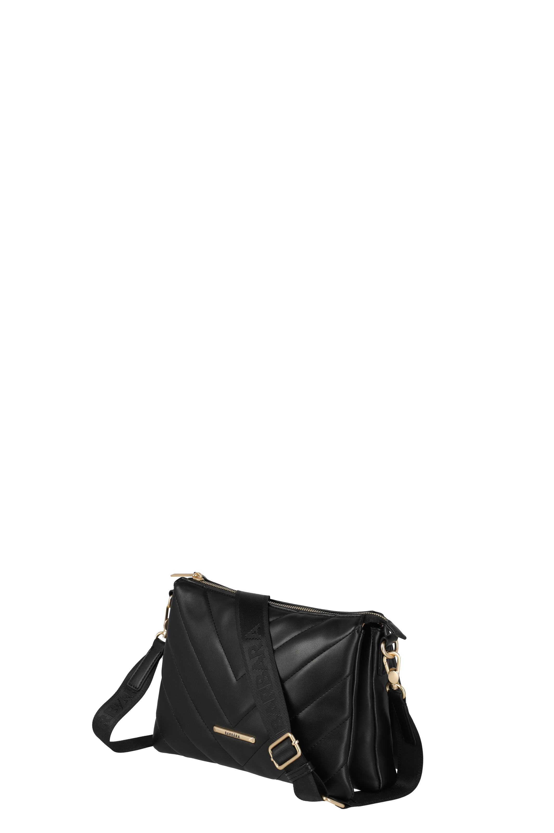 Stylische schwarze Umhängetasche mit verstellbarem Schulterriemen und goldfarbenen Details – ideal für Alltag und Freizeit