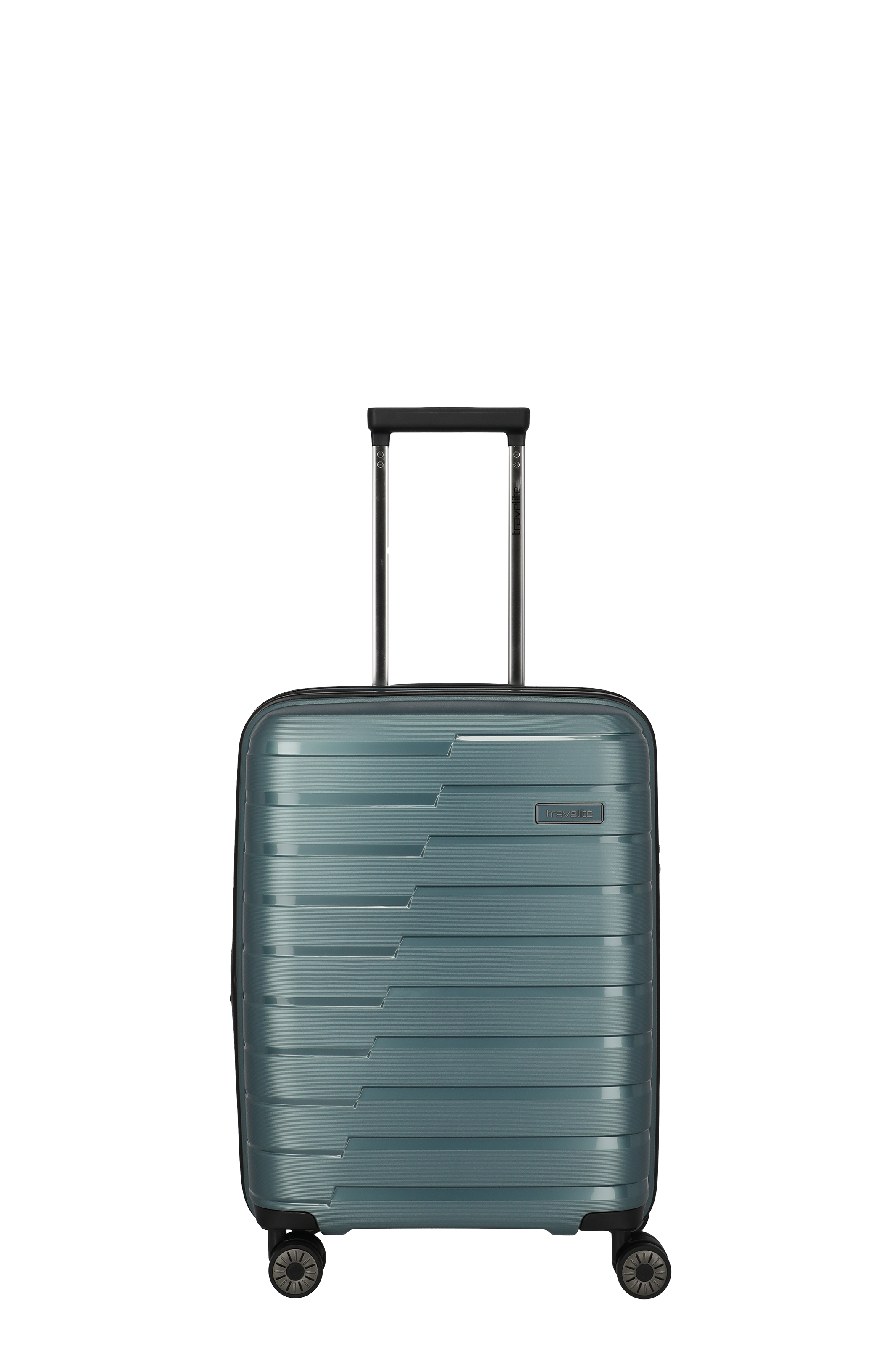 Leichter Hartschalen-Trolley in Blaugrün mit 4 Rollen und Teleskopgriff Moderner, blauer Hartschalenkoffer mit Rollen und ausziehbarem Griff auf weißem Hintergrund