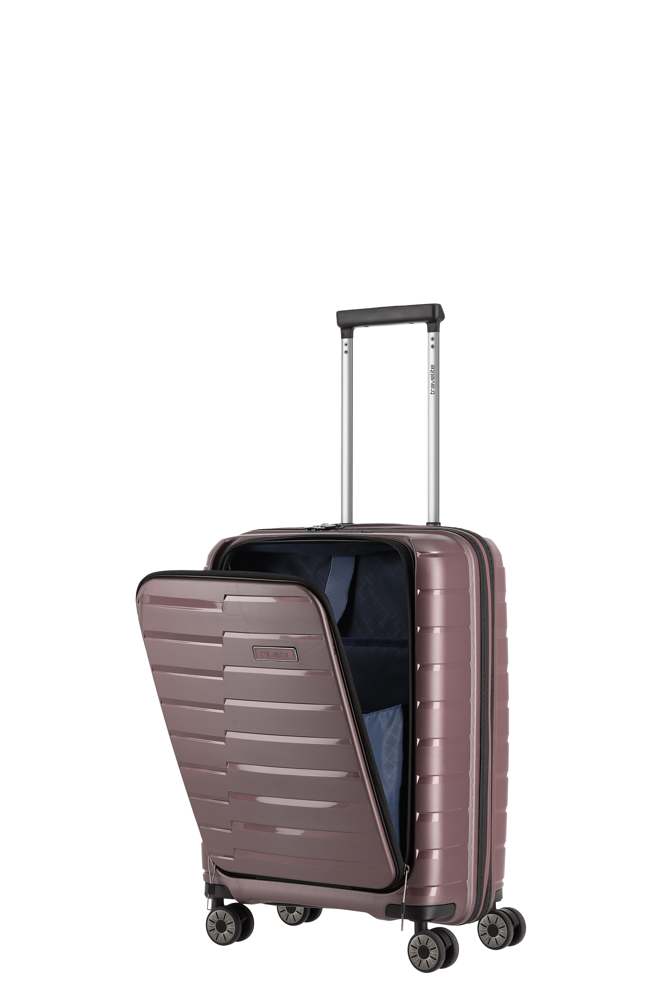 Moderner Hartschalenkoffer mit Teleskopgriff und Frontfach in Braun für Reisen