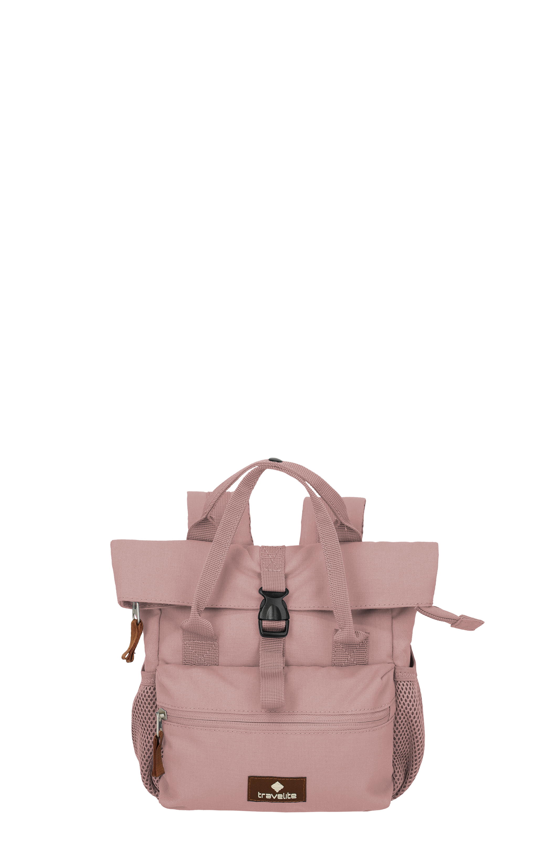 Un mini sac à dos Rollup de TRAVELITE en rose. Le sac à dos a des poignées courtes, des bretelles réglables et une fermeture à enroulement avec boucle. Une poche avant zippée et des poches latérales en filet offrent un espace de rangement supplémentaire.
