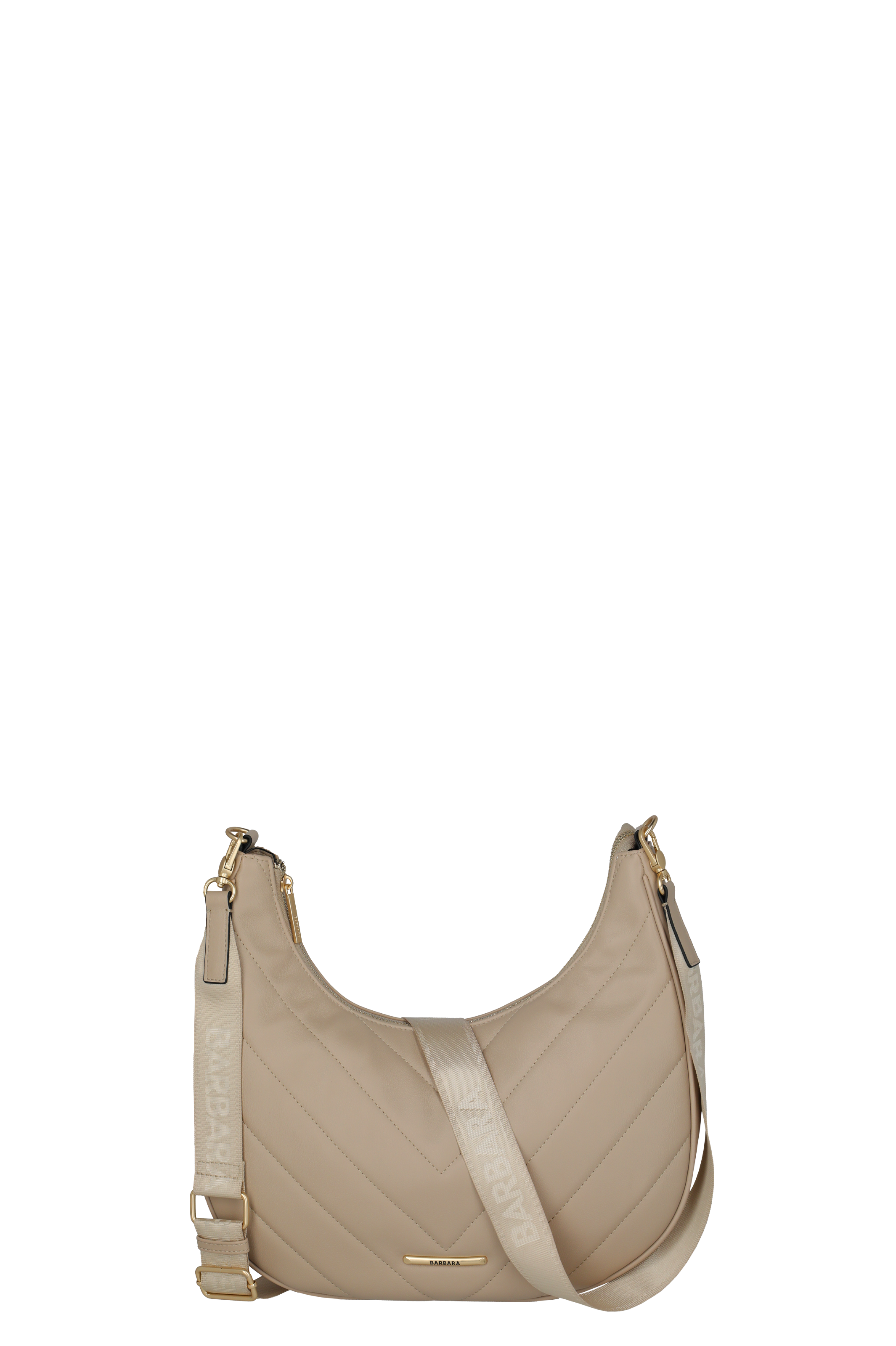 Elegante beigefarbene Schultertasche mit goldenen Details und breitem Barbara-Schriftzug-Trageriemen Moderne Damen-Schultertasche in Beige mit gesteppter Optik, goldenen Metallakzenten und breitem verstellbarem Trageriemen mit Barbara-Schriftzug