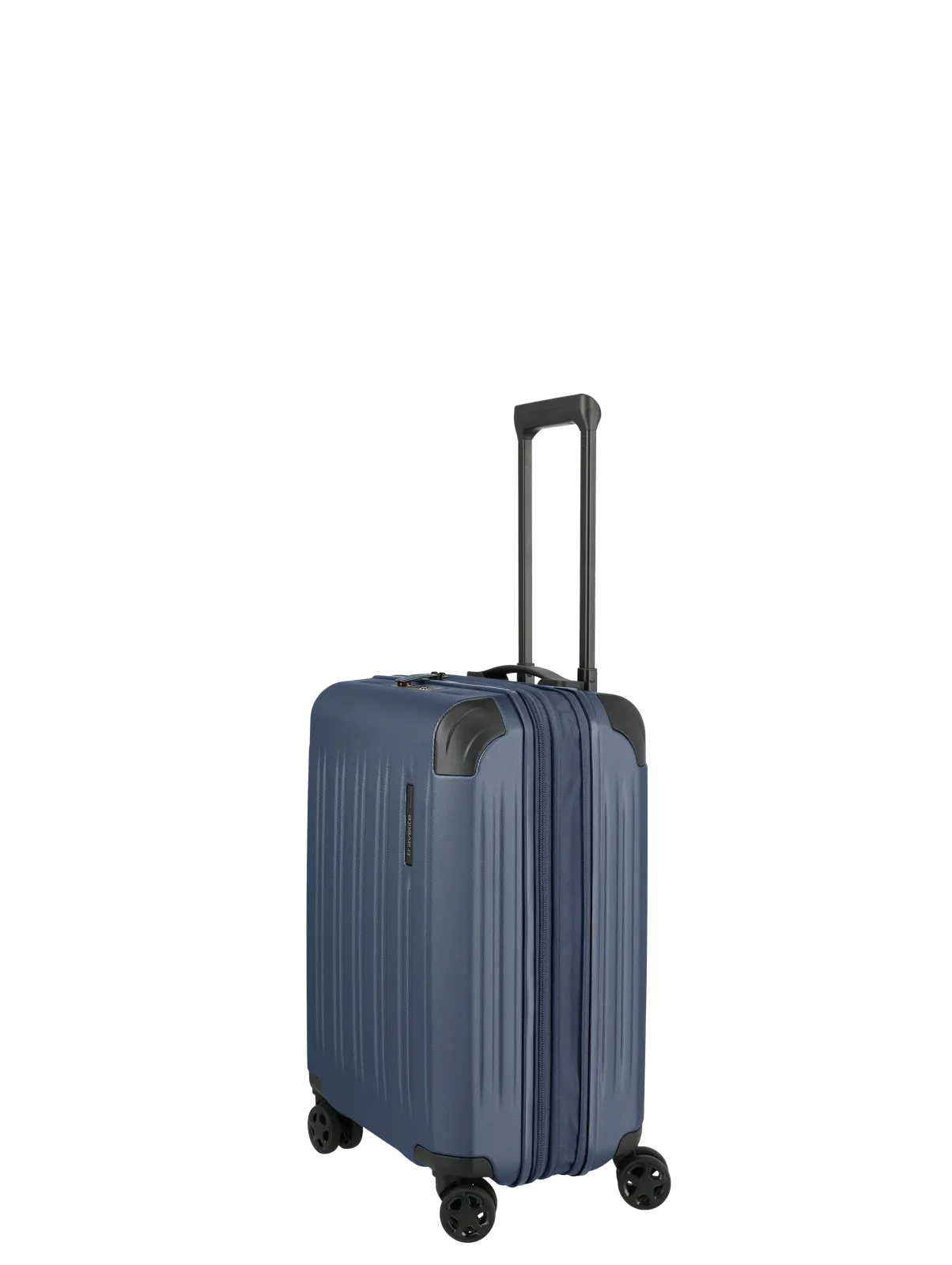 Blauer Hartschalen-Trolley mit vier Rollen und ausziehbarem Griff – ideal als Handgepäck