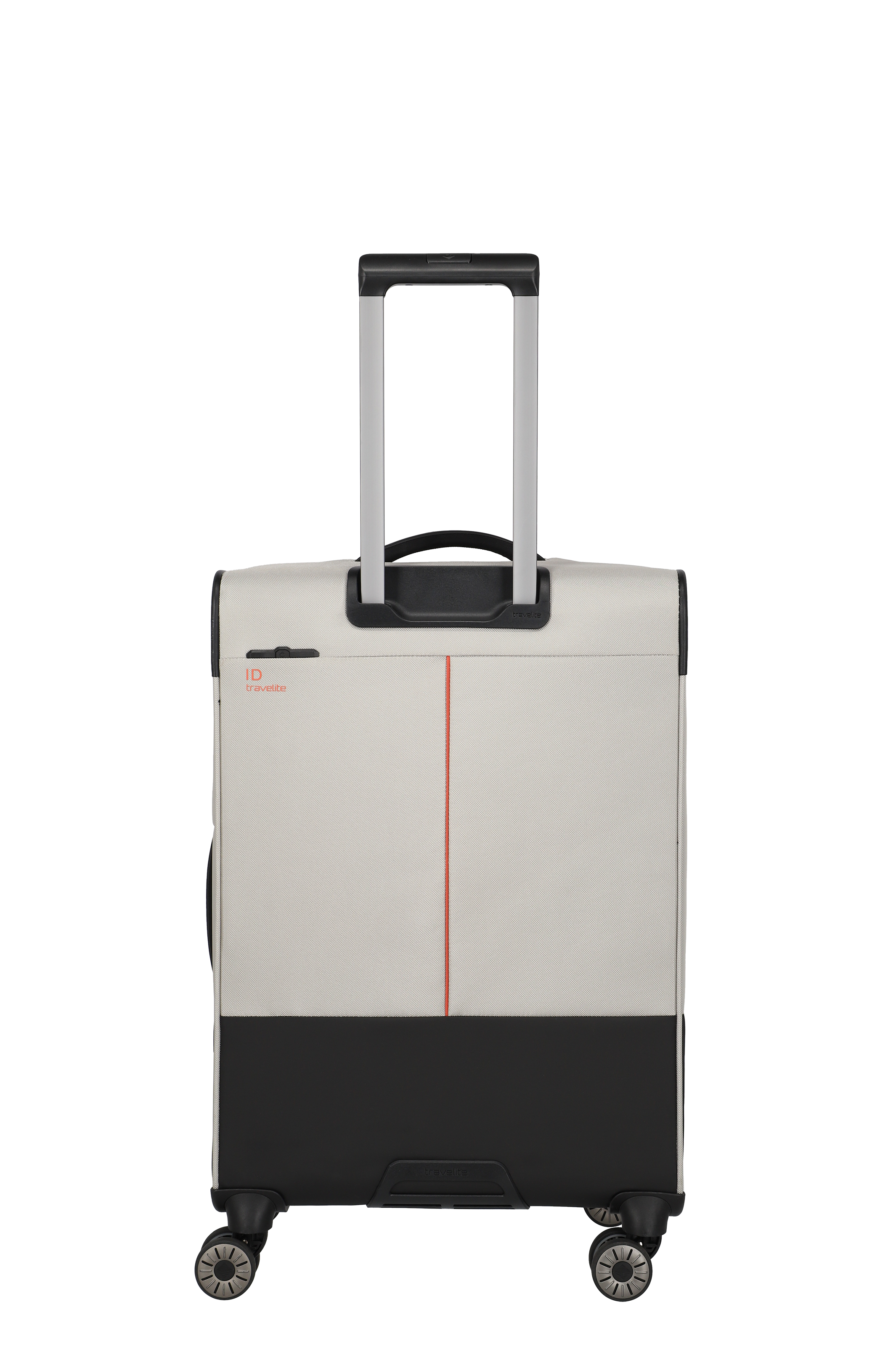 Moderner Reisekoffer in Beige mit schwarzem Boden und vier Rollen, stabilem Teleskopgriff von Travelite