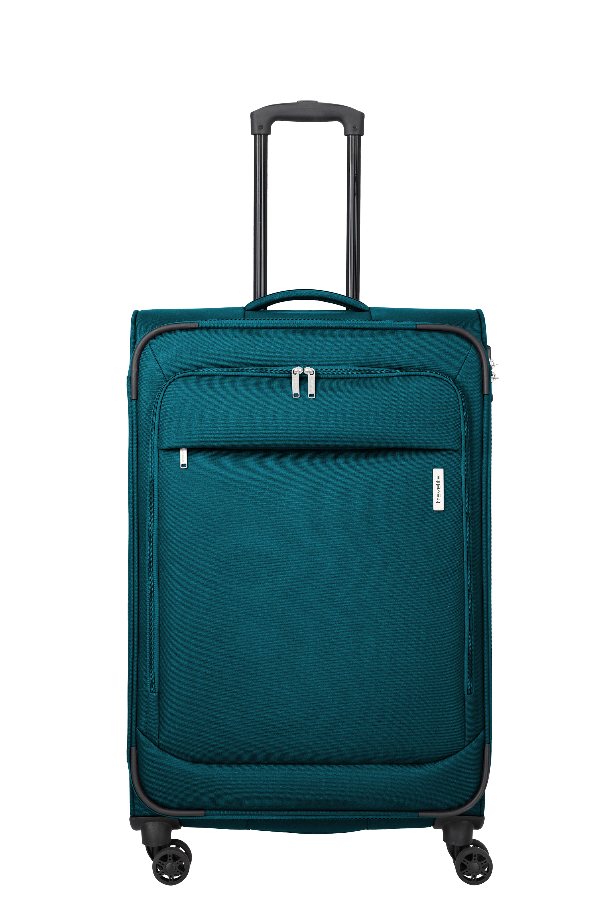 Valigia rettangolare in tessuto blu turchese con dettagli neri su sfondo nero. La valigia ha un manico telescopico e quattro ruote. Nella parte superiore è visibile una piccola tasca con cerniera.