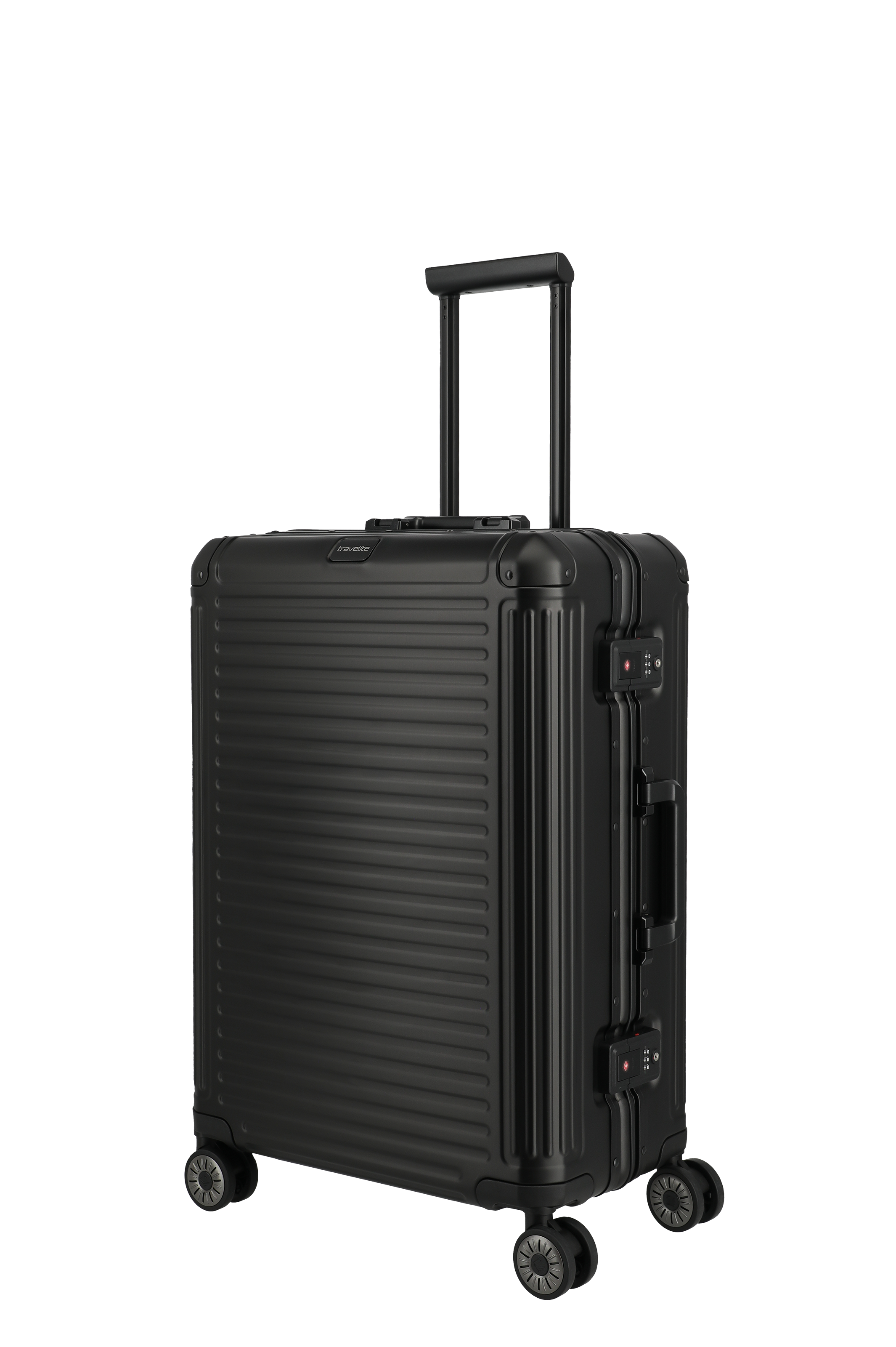 Schwarzer Hartschalen-Trolley mit vier Rollen und ausziehbarem Griff – moderner Reisekoffer