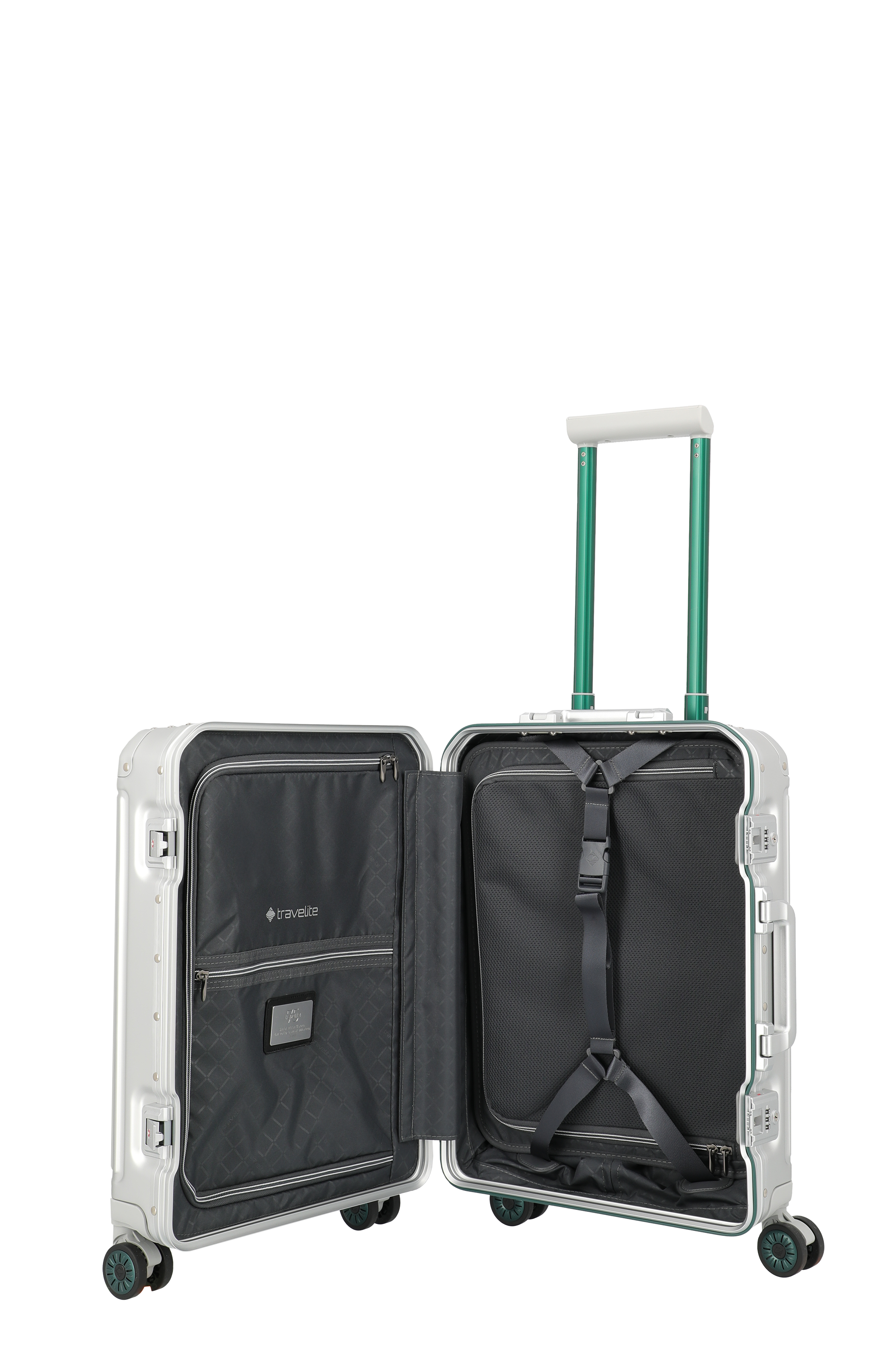 Geöffneter silberner Hartschalenkoffer mit Innenfächern und Packgurten, Marke Travelite
