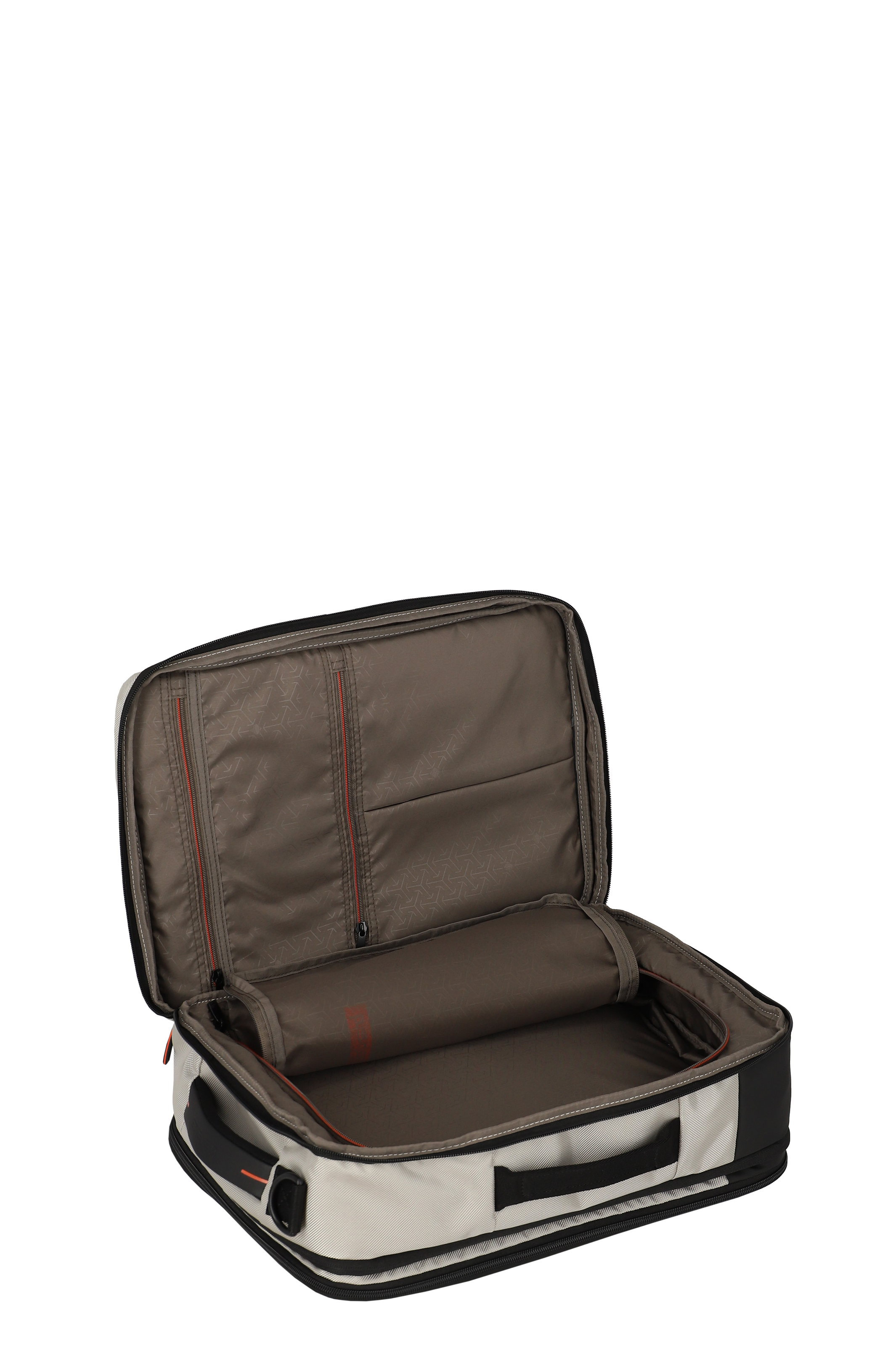 Moderner, geöffneter Reisekoffer in Beige und Schwarz mit geräumigem Innenfach