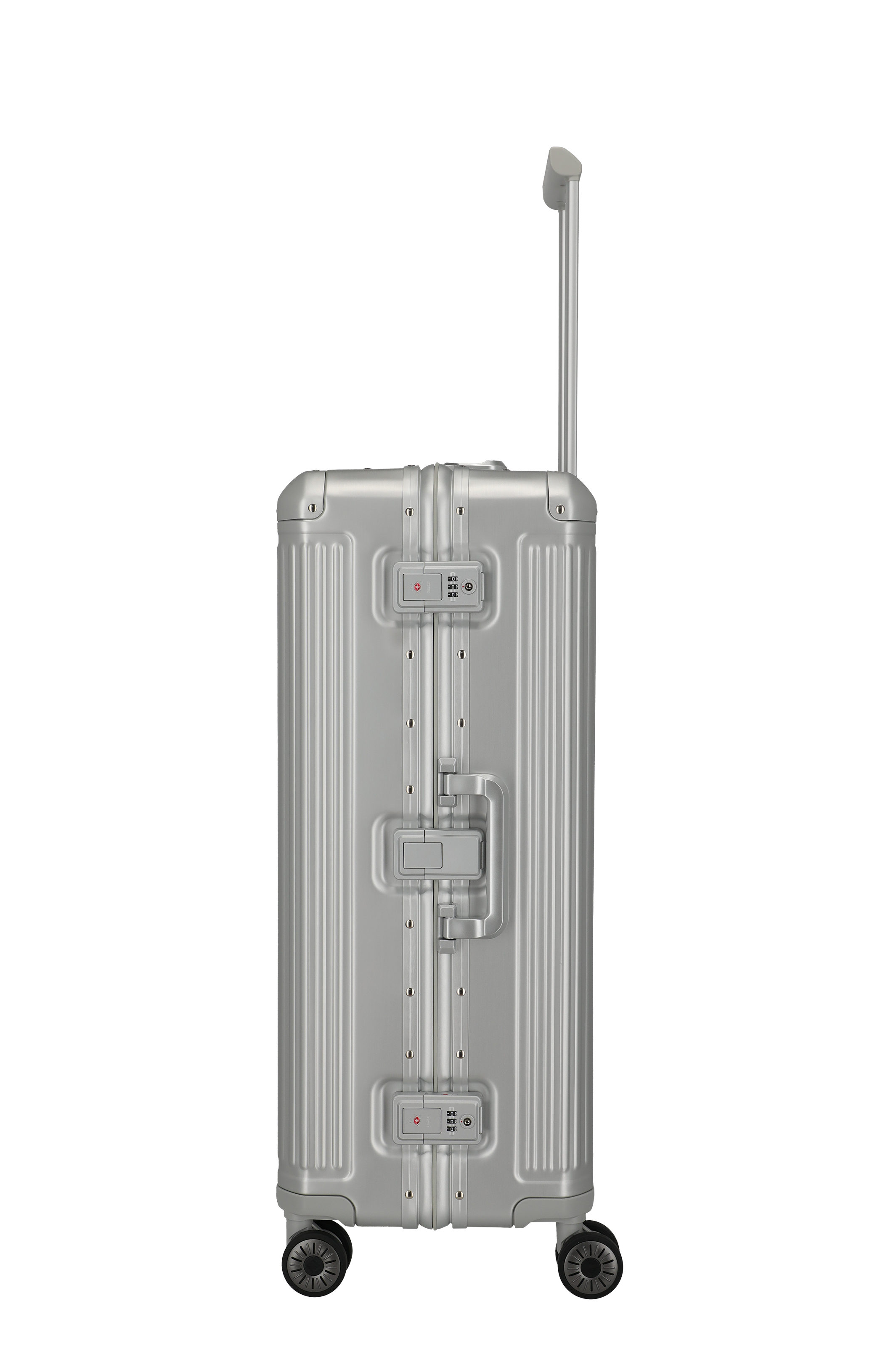 Hochwertiger silberner Hartschalenkoffer mit TSA-Schlössern und Teleskopgriff - Seitenansicht