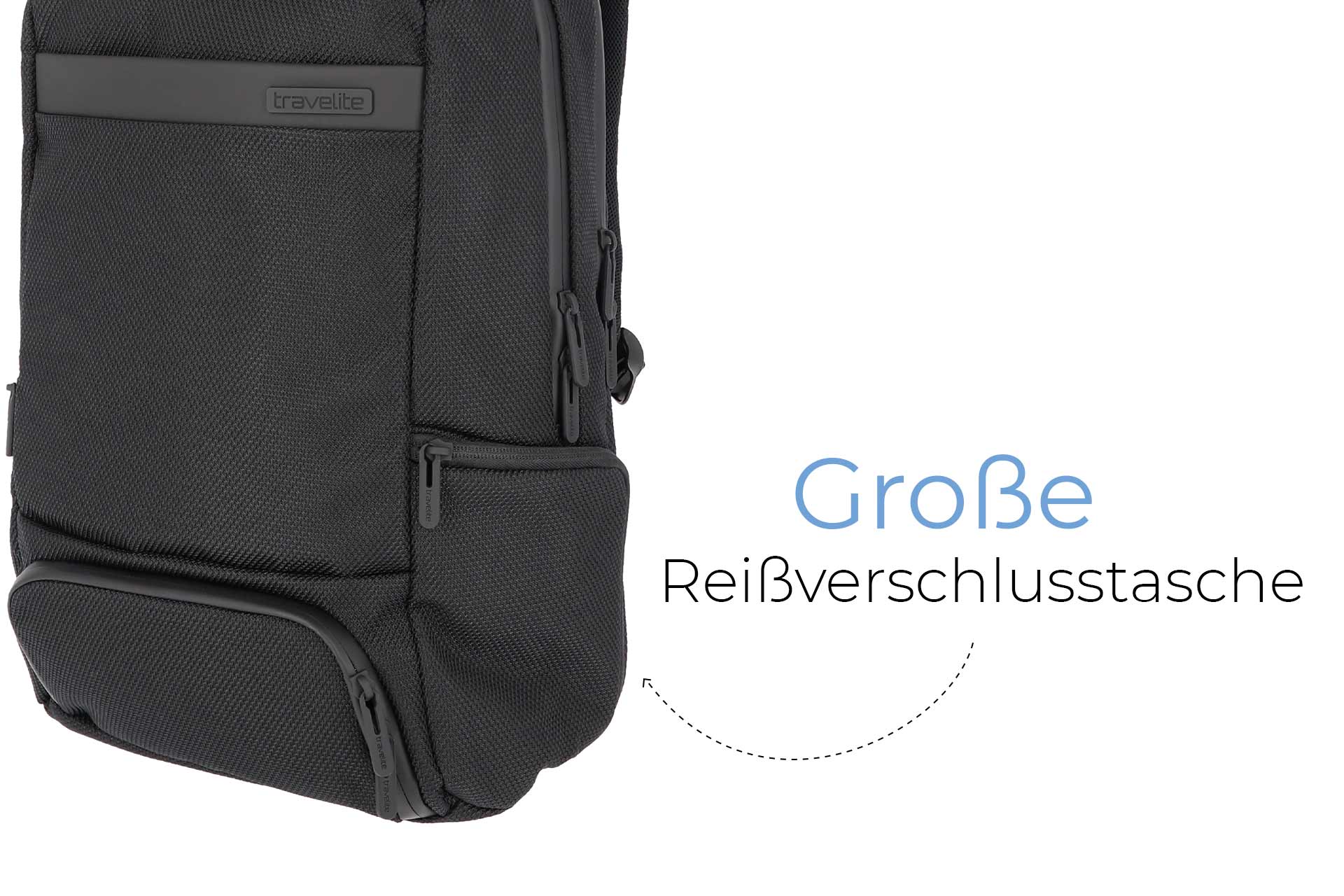 Rucksack mit großer Reißverschlusstasche Schwarzer Rucksack mit mehreren Reißverschlusstaschen, Detailansicht